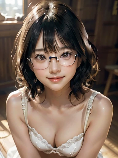 One woman, Japan people in their 20s, symmetrical beauty, Small face, sharp outline, A dark-haired, (Shoulder length short bob hair, Curly hair, The hair near the shoulders should have strong waves.), With bangs, (thick eyebrow, Thick eyebrows), realisticeyes, 二重まぶた, drooing eyes, Thicker lips, closes mouth, A slight smil, Smiling smile, (Rimless glasses, Small glasses, glasses for women), Wheat-toned skin, realistic skin textures, H Cup, a little fat, directly in front of the camera, looking directly at the viewer, Looking at the camera, The light source is from the front.
