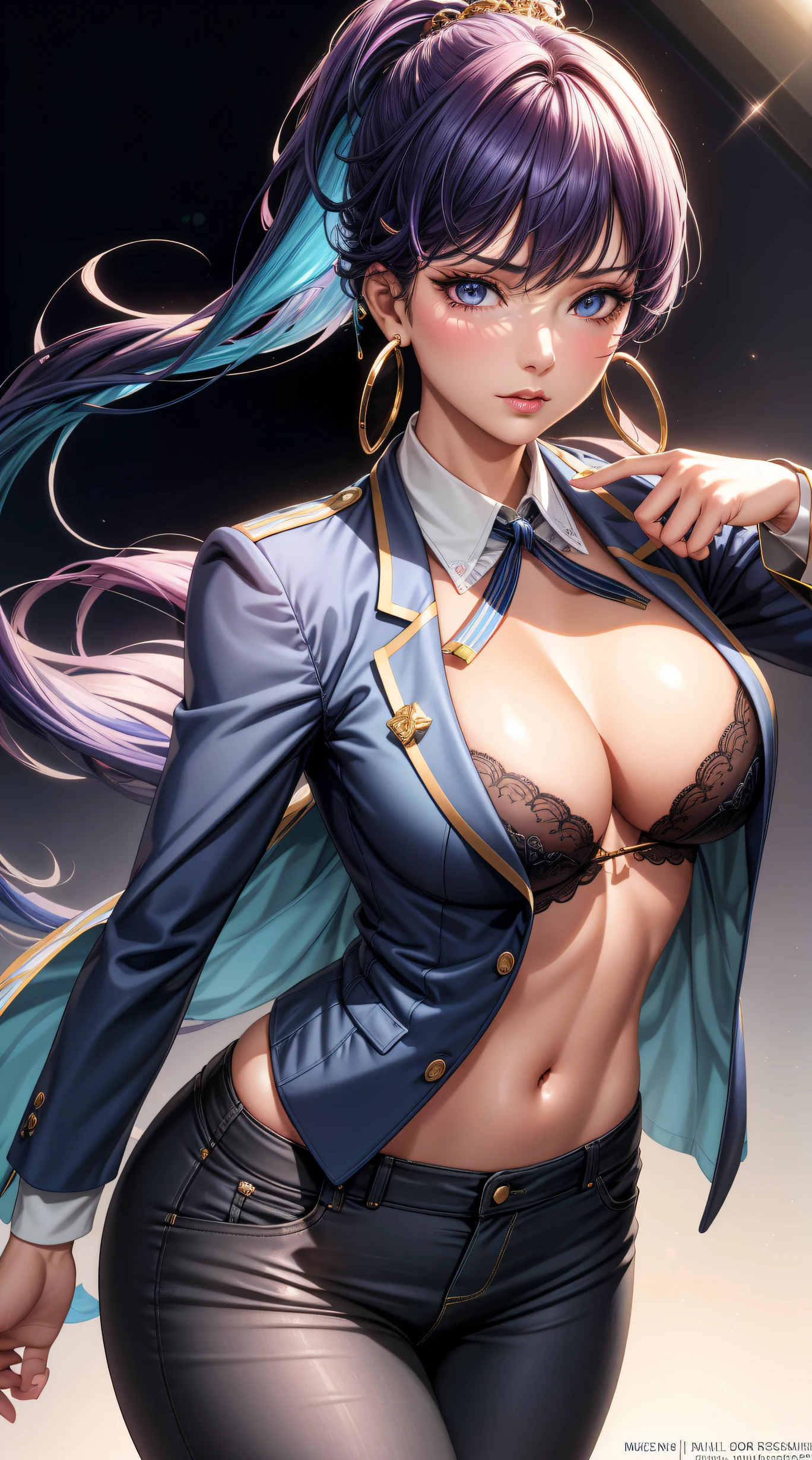 (best quality:1.5, highres, UHD, 4K, detailed lighting, shaders), blue floral haired, gradient hair, large breasts, suit, gray shirt, social shirt, short pants, mature woman , (pov), white background, colorful eyeshadow, dramatic lighting, sparkling eyes, sensual expression, golden earrings, flowing hair, delicate facial features, dark skin, high cheekbones, urban setting, white background, dont look for the camera, lean forward, ( pose : behind  the camera)