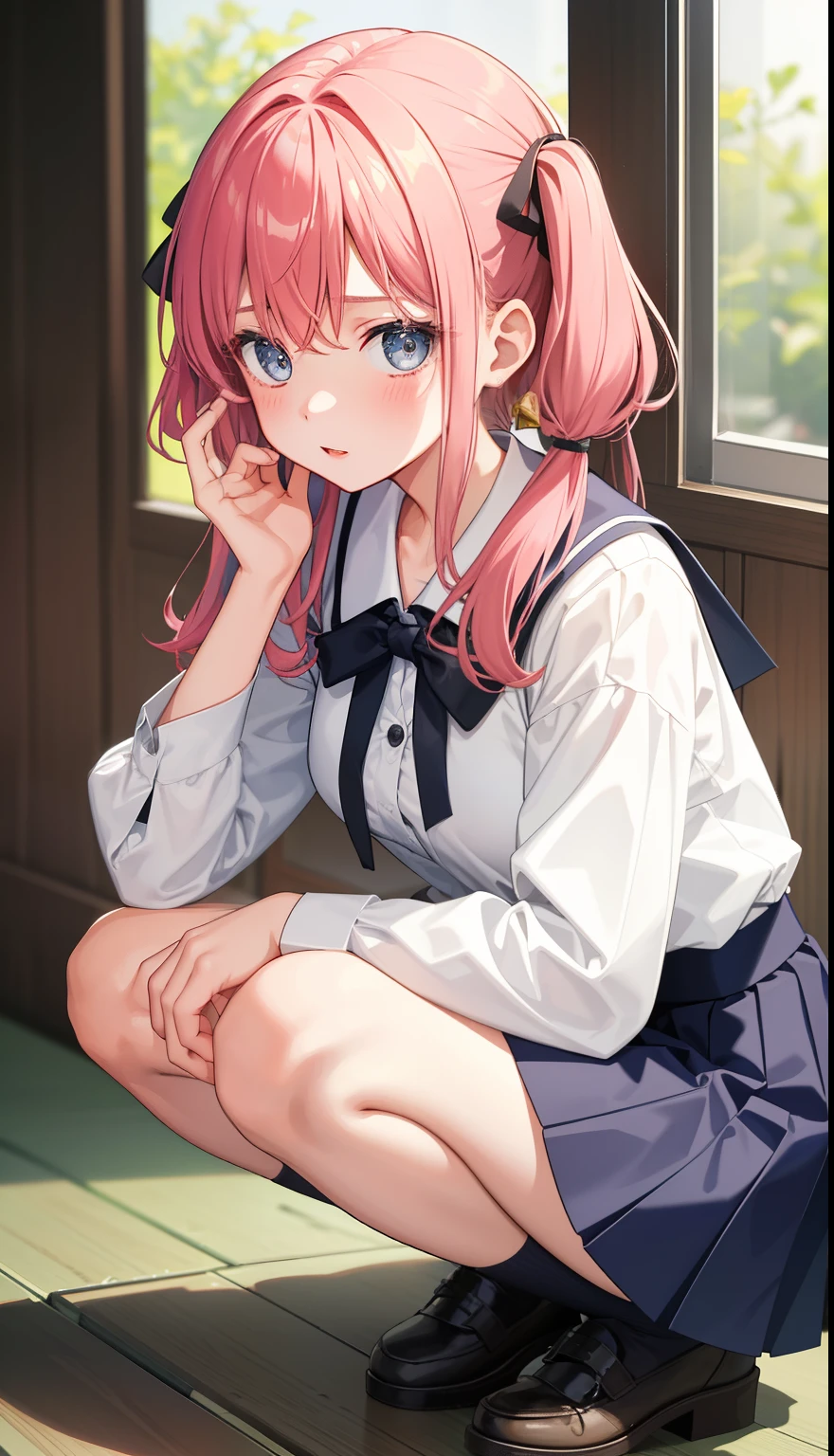 1girl in、A smile、The shirt、skirt by the、(small tits)Chilarism、Japan High School Student Uniform、serafuku、summer clothing、Squall Drenched Uniform、(Sheer Bra)、Upper body portrait、light cream hair、Squatting panchira、