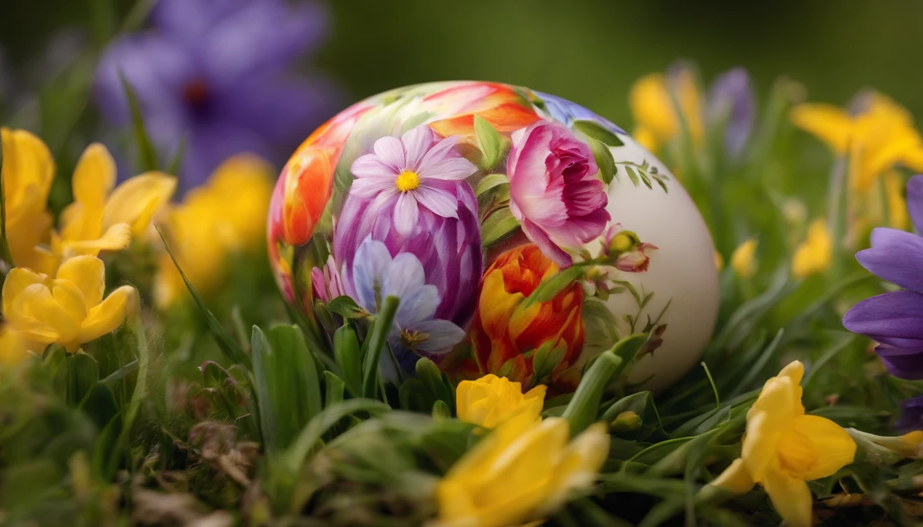 Capture a close-up shot of an Easter egg nestled among colorful spring flowers, showcasing the natural beauty and freshness of the season