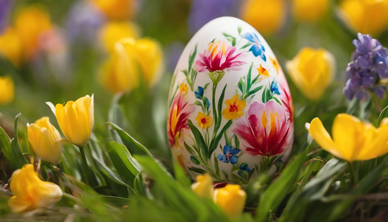 Capture a close-up shot of an Easter egg nestled among colorful spring flowers, showcasing the natural beauty and freshness of the season