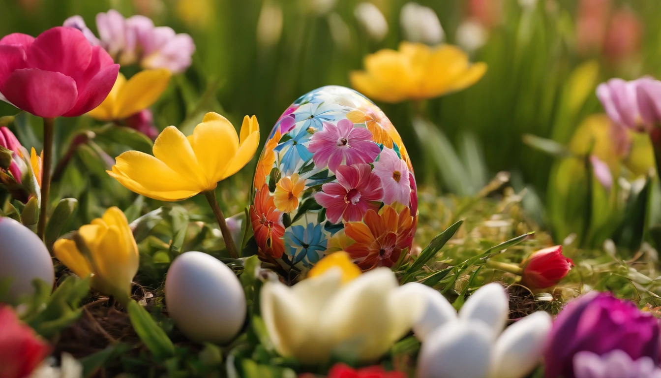 Capture a close-up shot of an Easter egg nestled among colorful spring flowers, showcasing the natural beauty and freshness of the season