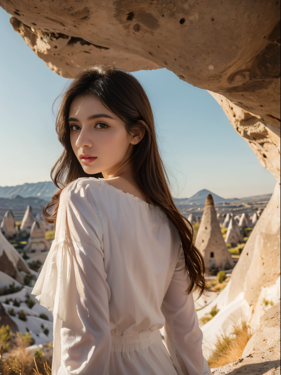 (8k, highest quality, ultra detailed:1.37), (Ecce), 18yo, (an adventurous young Turkish woman), explores the stunning landscapes of Cappadocia. She wears a comfortable and stylish outfit suitable for outdoor activities, such as hiking or hot air balloon rides. The high-resolution image captures ultra-detailed realism, highlighting Ecce's captivating eyes, long eyelashes, and flawless complexion against the unique rock formations of Cappadocia. The soft morning light adds a touch of magic to the scene.