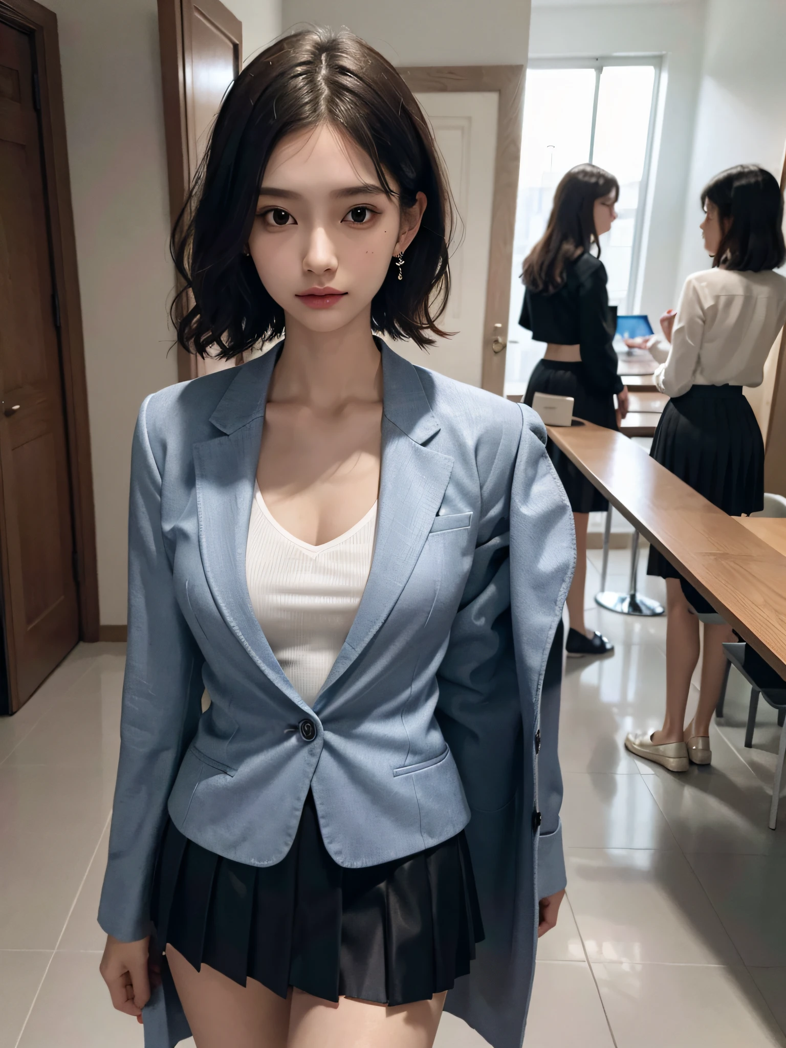 absurderes, Raw photo, Extremely delicate and beautiful, masutepiece, Best Quality, Ultra High Resolution, 16 K, hyper realisitic, Ultra-detailed, (Perfect Anatomy), super detailed skin, Perfect figure, Very detailed CG 8k wallpaper, in her 20s, Very slim body, Narrow waist, Very small head, Very small face, Delicate facial features, tear moles, Earring, thin legs, (very massive round chest), (3 girls), Full body shot, Short hair, (Wavy Hair), (((Skirt suit))),