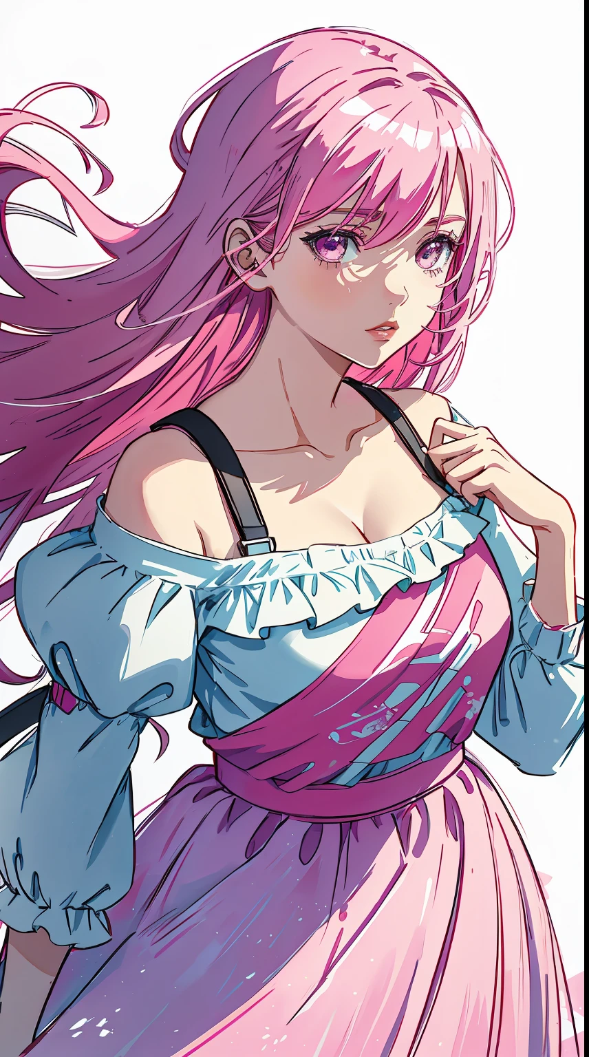 middle-aged girl,long pink hair, reddish-pink lips,In a bright white shirt,Pastel palette in aurora punk style,anime illustration of her face,Animated GIFs,Hand-drawn animation,Fascinating sketch,smooth and shiny,Foggy romanticism,Super flat style,White background -- ar 1:1-niji 5-expressive style-with 50,cleavage,large breasts,Shoulder straps are detachable, castle in the background