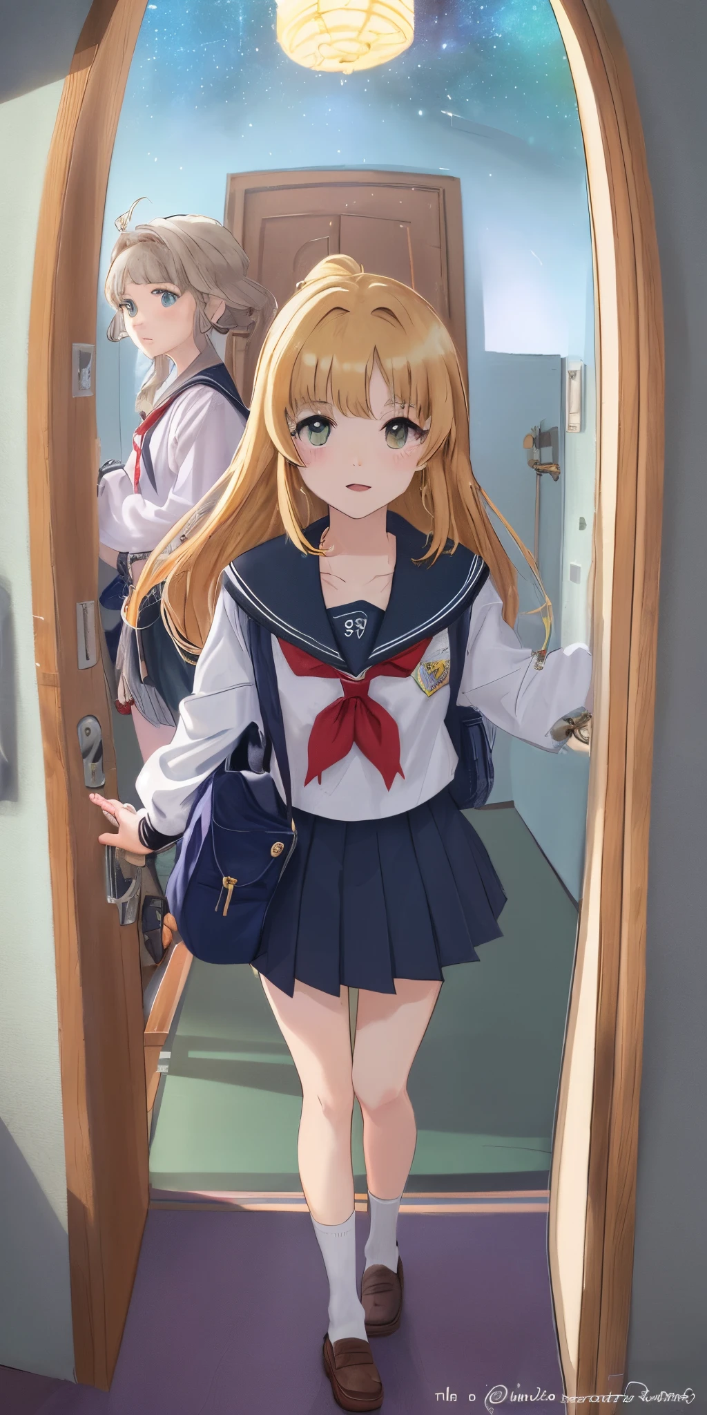 Um cartaz de filme, in anime style. Uma garota. Idade na faixa dos 16 anos, com roupas de colegial e uma mochila nas costas. Ela tem cabelos longos. Apetece de lado abrindo uma porta. The door is ajar and inside you can see galaxies and stars.