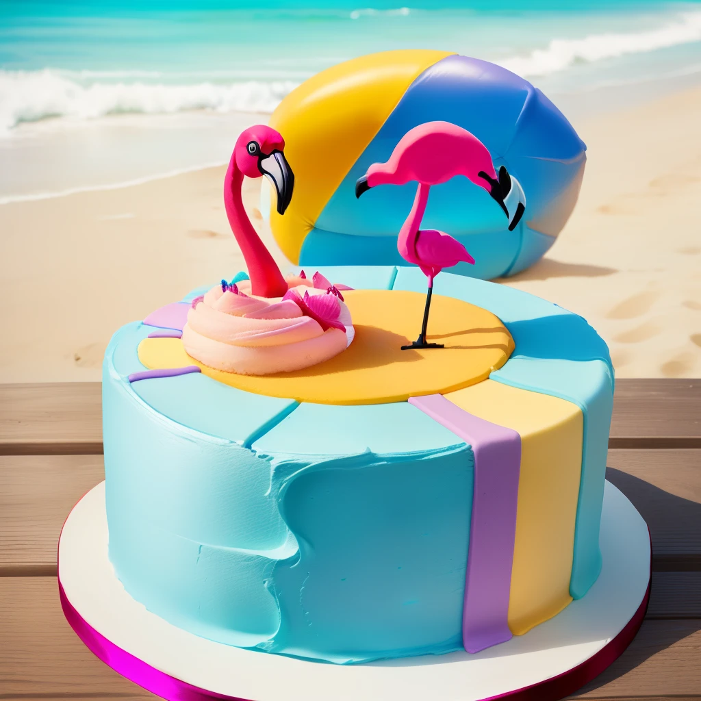 Beach and flamingo themed birthday cake