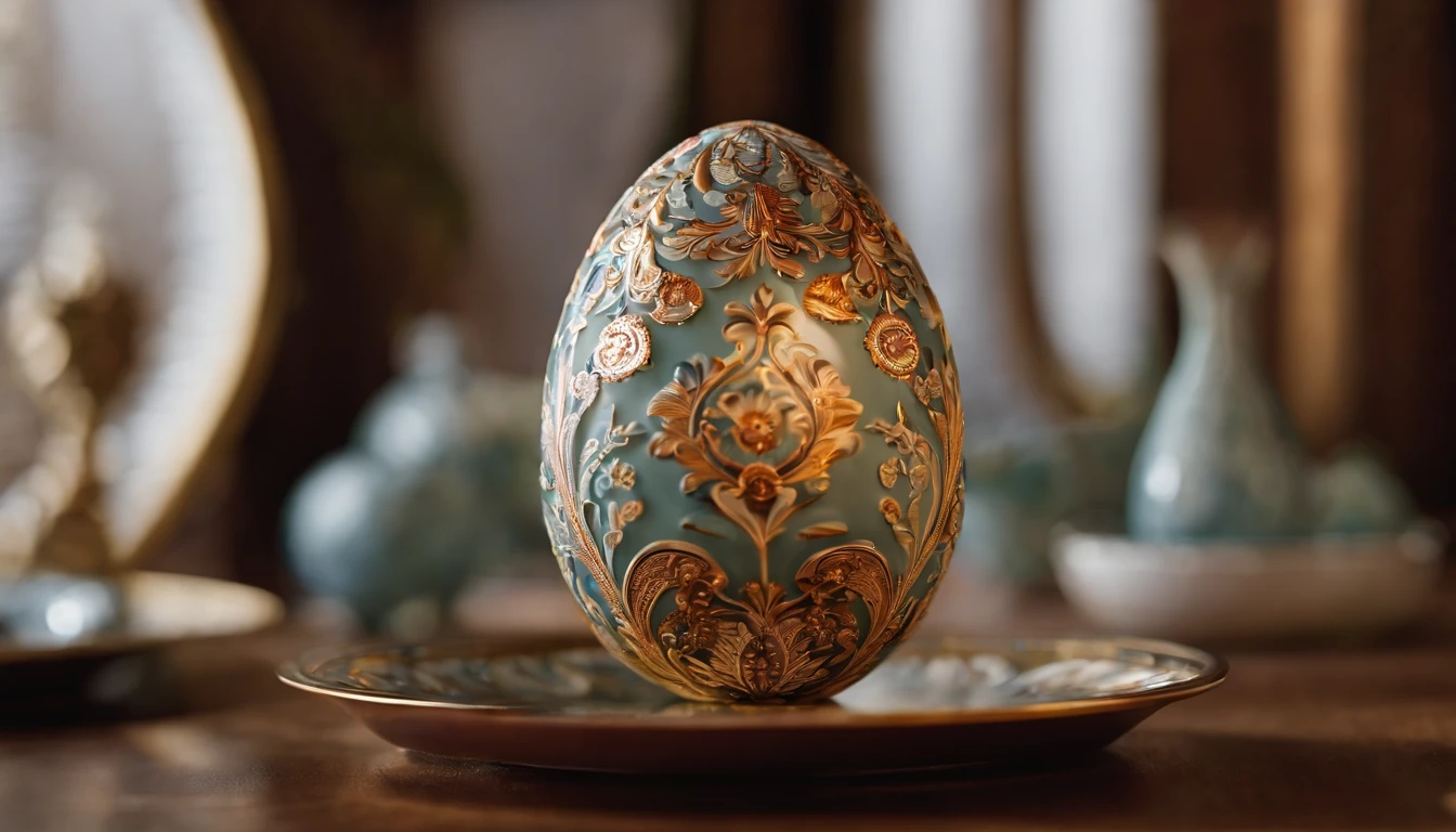 Capture a detail shot of a handcrafted Easter egg made from delicate porcelain or glass, showcasing its intricate patterns and exquisite craftsmanship