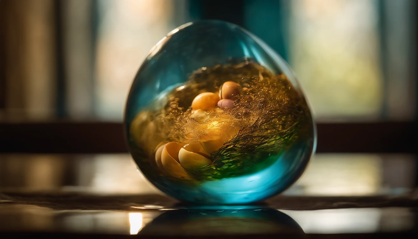 Capture a creative shot of an Easter egg submerged in a clear glass of water, playing with reflections and refractions to create a visually captivating image.