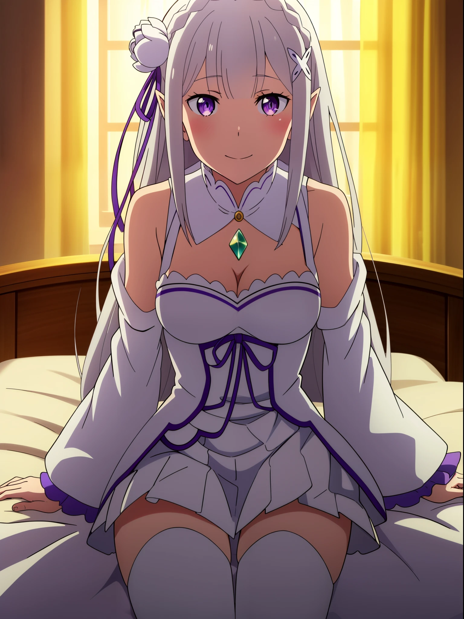 1girl,emilia (re:zero),pointy ears,grey hair,white hair,very long hair,blunt bangs,purple eyes,crown braid,sidelocks,x hair ornament,hair flower,purple ribbon,very long hair, ̧,detached collar,gem,bare shoulders,cleavage,pleated skirt,white skirt,white dress,frills,detached sleeves,wide sleeves,frilled sleeves,long sleeves,white thighhighst 18yo,Young female,Beautiful Fingers,Beautiful long legs,Beautiful body ,Beautiful character design, official art,extremely detailed CG unity 8k wallpaper, perfect lighting,Colorful,shiny skin, (masterpiece:1.0),(best_quality:1.0), ultra high res,4K,ultra-detailed, photography, 8K, HDR, highres, absurdres:1.2, Kodak portra 400, film grain, blurry background, bokeh:1.2, lens flare, (vibrant_color:1.2), (beautiful_face:1.5),(narrow_waist),NSFW, sitting, smile, bed,solo, NSFW