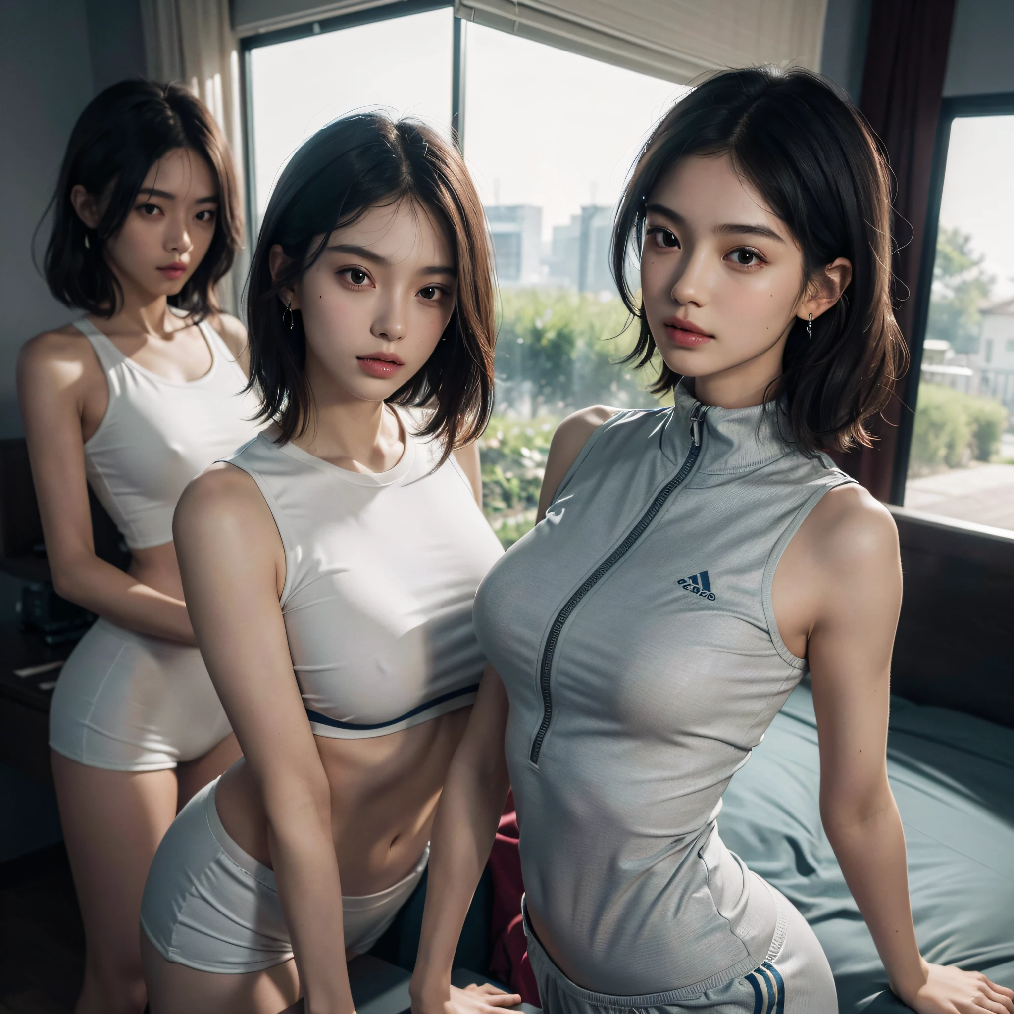 absurderes, Raw photo, Extremely delicate and beautiful, masutepiece, Best Quality, Ultra High Resolution, 16 K, hyper realisitic, Ultra-detailed, (Perfect Anatomy), super detailed skin, Perfect figure, Very detailed CG 8k wallpaper, in her 20s, Very slim body, Narrow waist, Very small head, Very small face, Delicate facial features, tear moles, Earring, thin legs, (very massive round chest), ((3 girls)), Full body shot, Short hair, (Wavy Hair), ((Joggers)), Navel, (Sleeveless), (Bare arms),