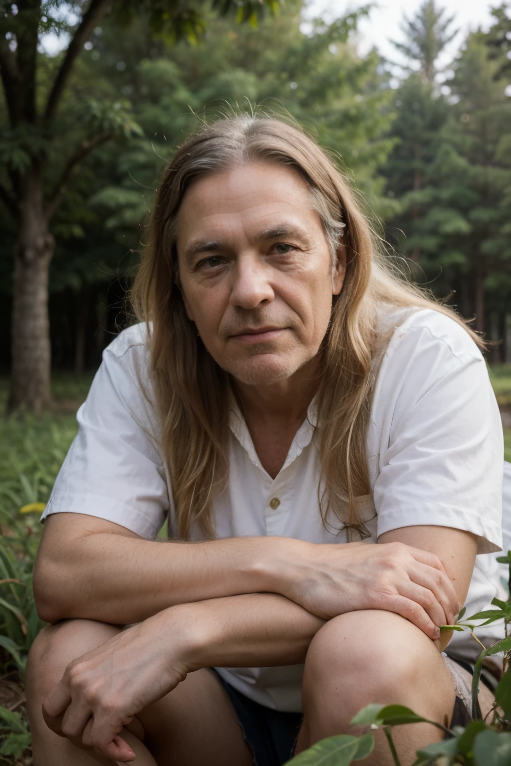 ((best quality)), ((masterpiece)), (detailed), perfect face, old man, giant, old chlothes, sitting in nature, long white hair, big nose, bright nature background, man