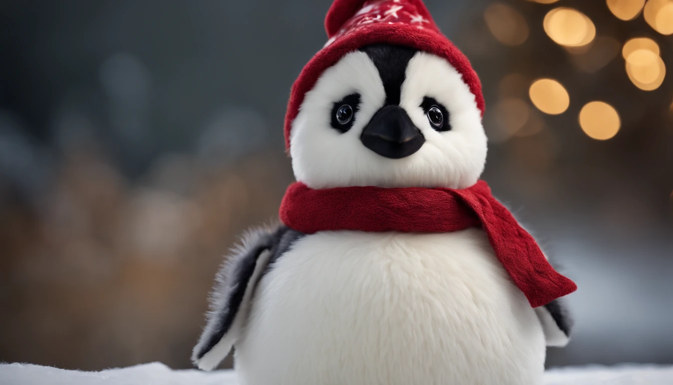 Capture a close-up shot of a plush Christmas penguin, showcasing its soft and fluffy texture, along with its adorable facial expression