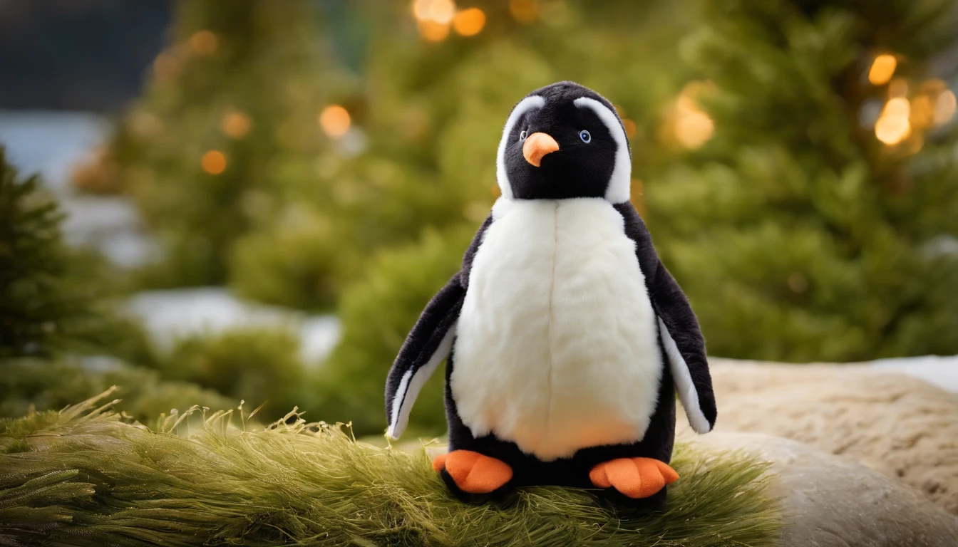 Capture a close-up shot of a plush Christmas penguin, showcasing its soft and fluffy texture, along with its adorable facial expression