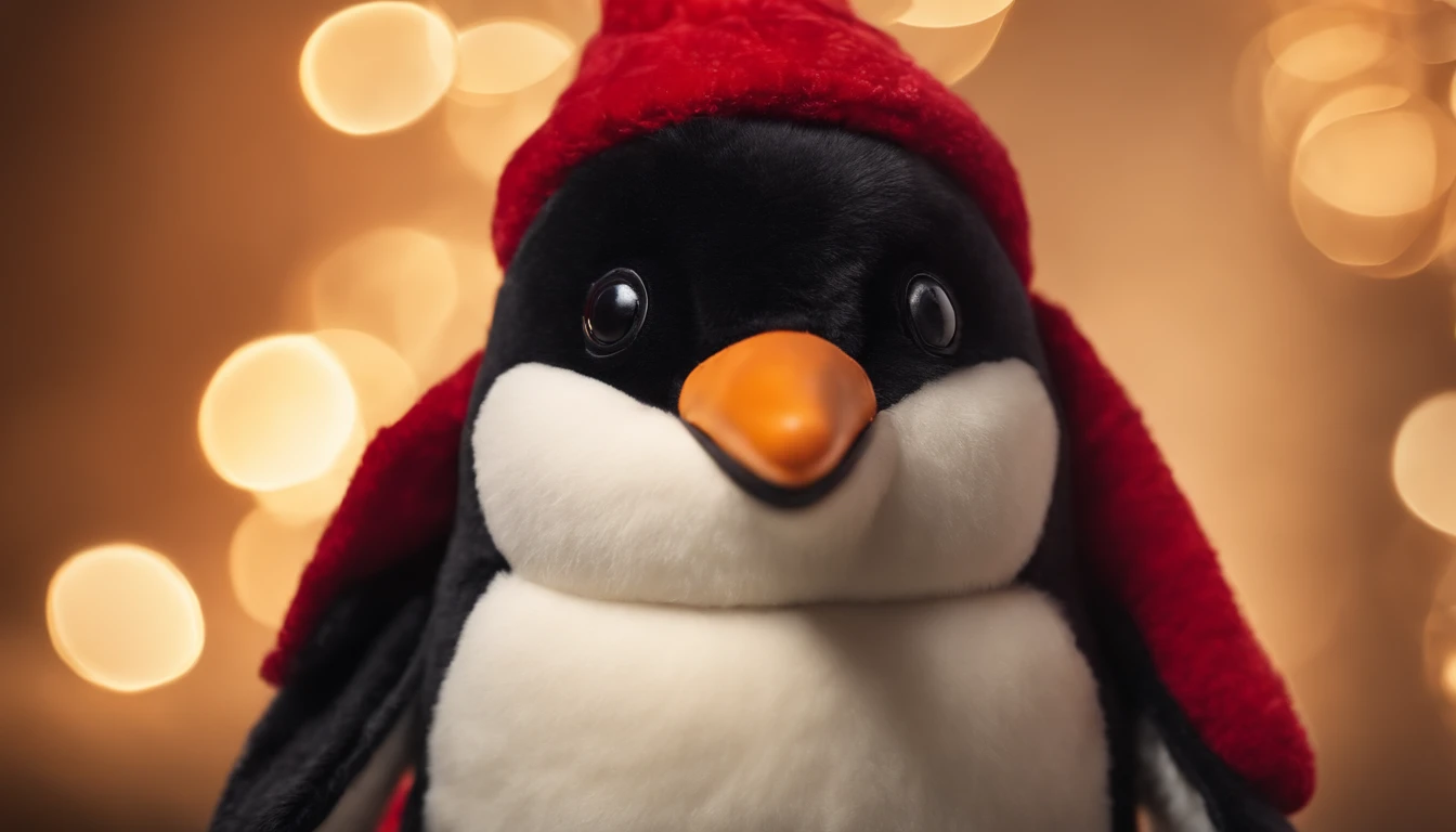 Capture a close-up shot of a plush Christmas penguin, showcasing its soft and fluffy texture, along with its adorable facial expression