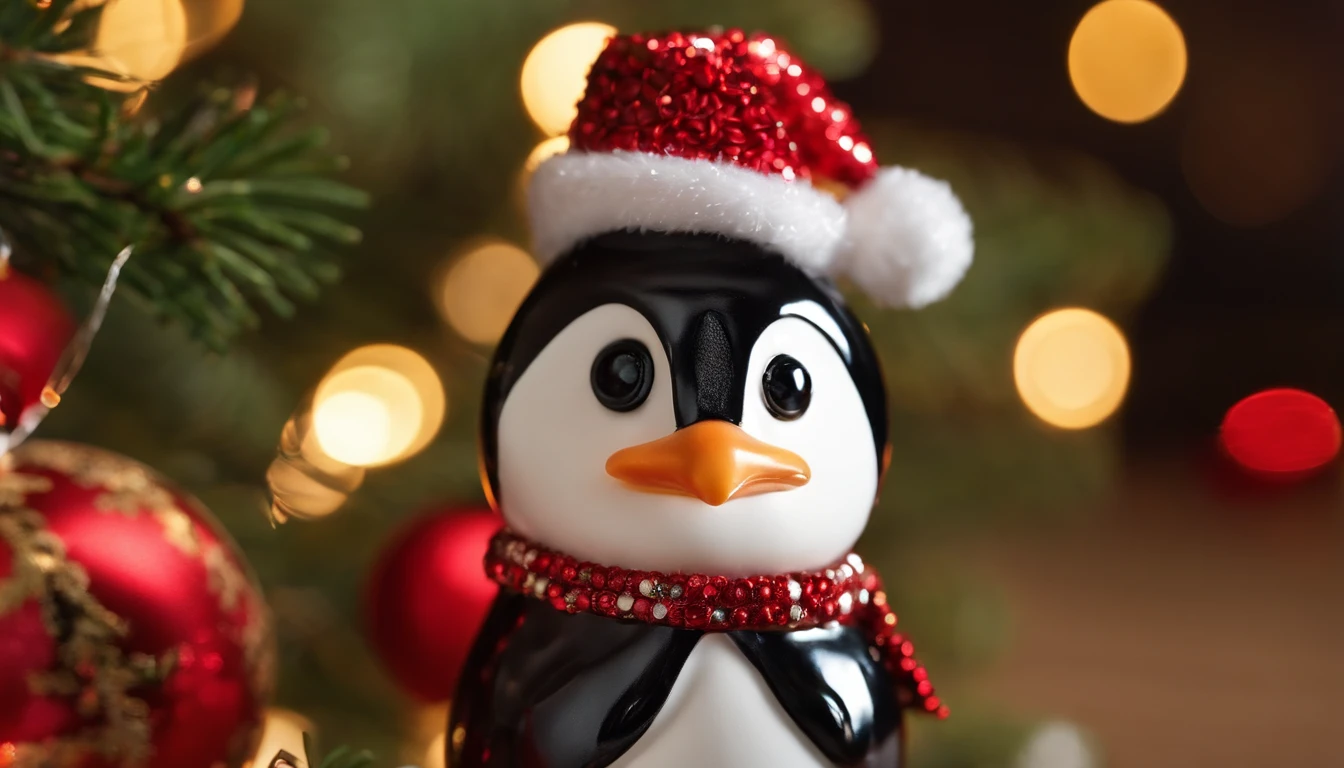 Capture a macro shot of a Christmas penguin ornament, highlighting its intricate details and festive decorations, such as a Santa hat or a candy cane