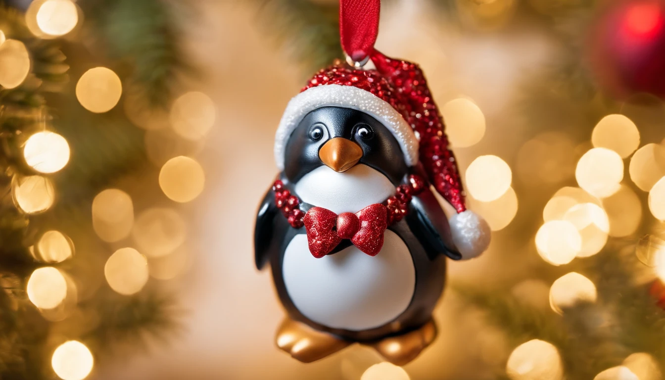 Capture a macro shot of a Christmas penguin ornament, highlighting its intricate details and festive decorations, such as a Santa hat or a candy cane