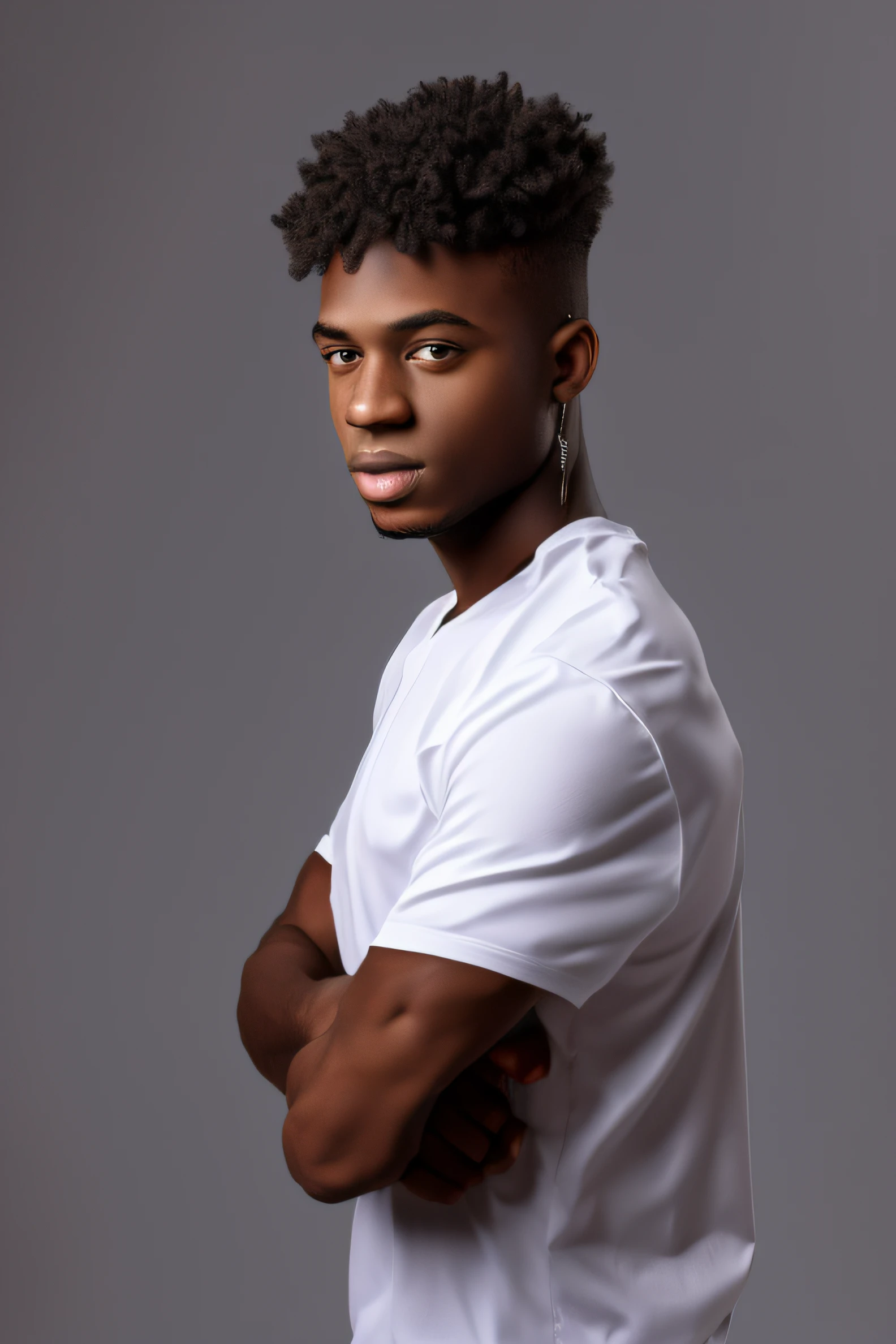 Young black man in a sleeveless tank top in an ultra realistic style with cropped lighting and padding.