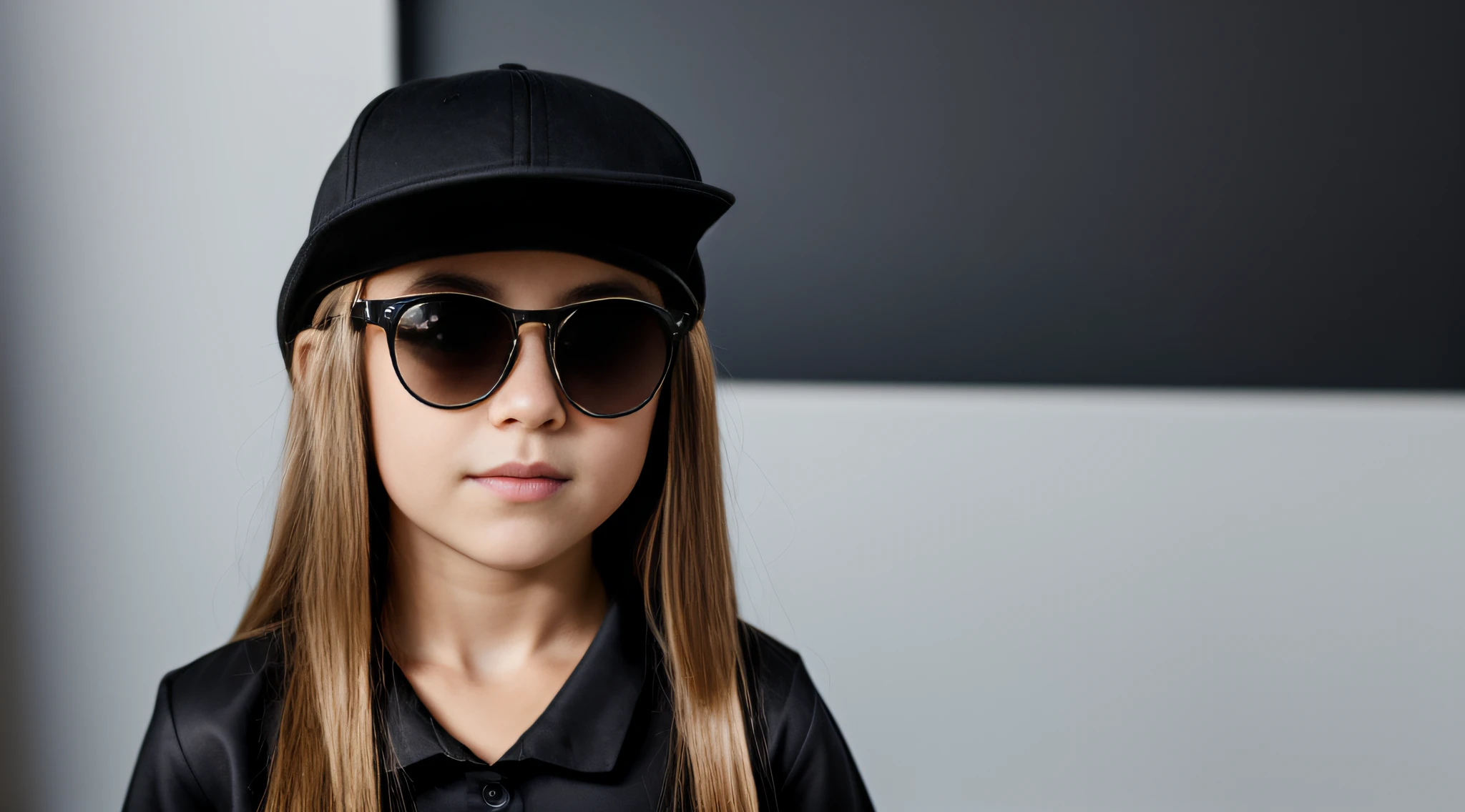 HALO DE LASER AZUL, close-up CHILDREN BLONDE GIRL WITH VERY LONG HAIR, in a black blouse and sunglasses in a dark room, Foto de um ensaio promocional,