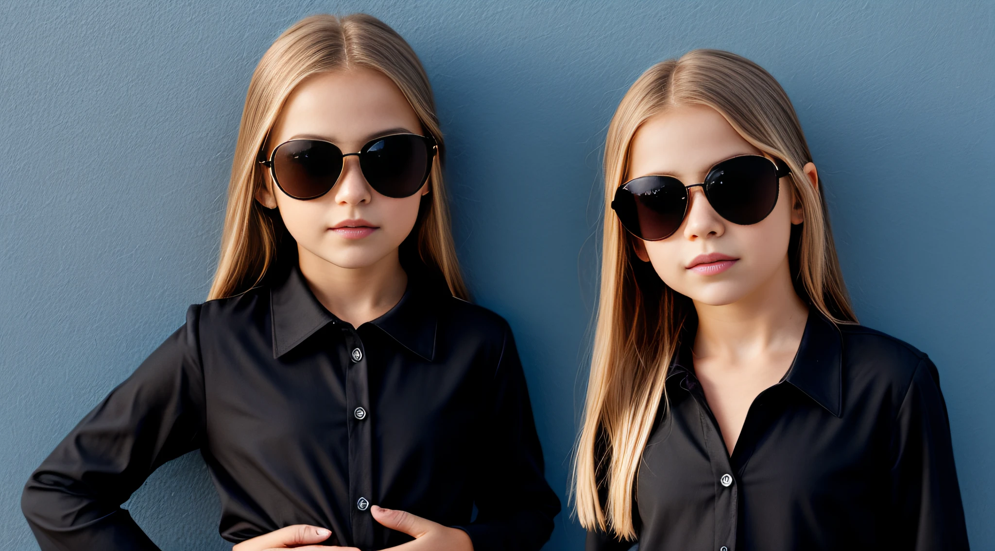 HALO DE LASER AZUL, close-up CHILDREN BLONDE GIRL WITH VERY LONG HAIR, in a black blouse and sunglasses in a dark room, Foto de um ensaio promocional,