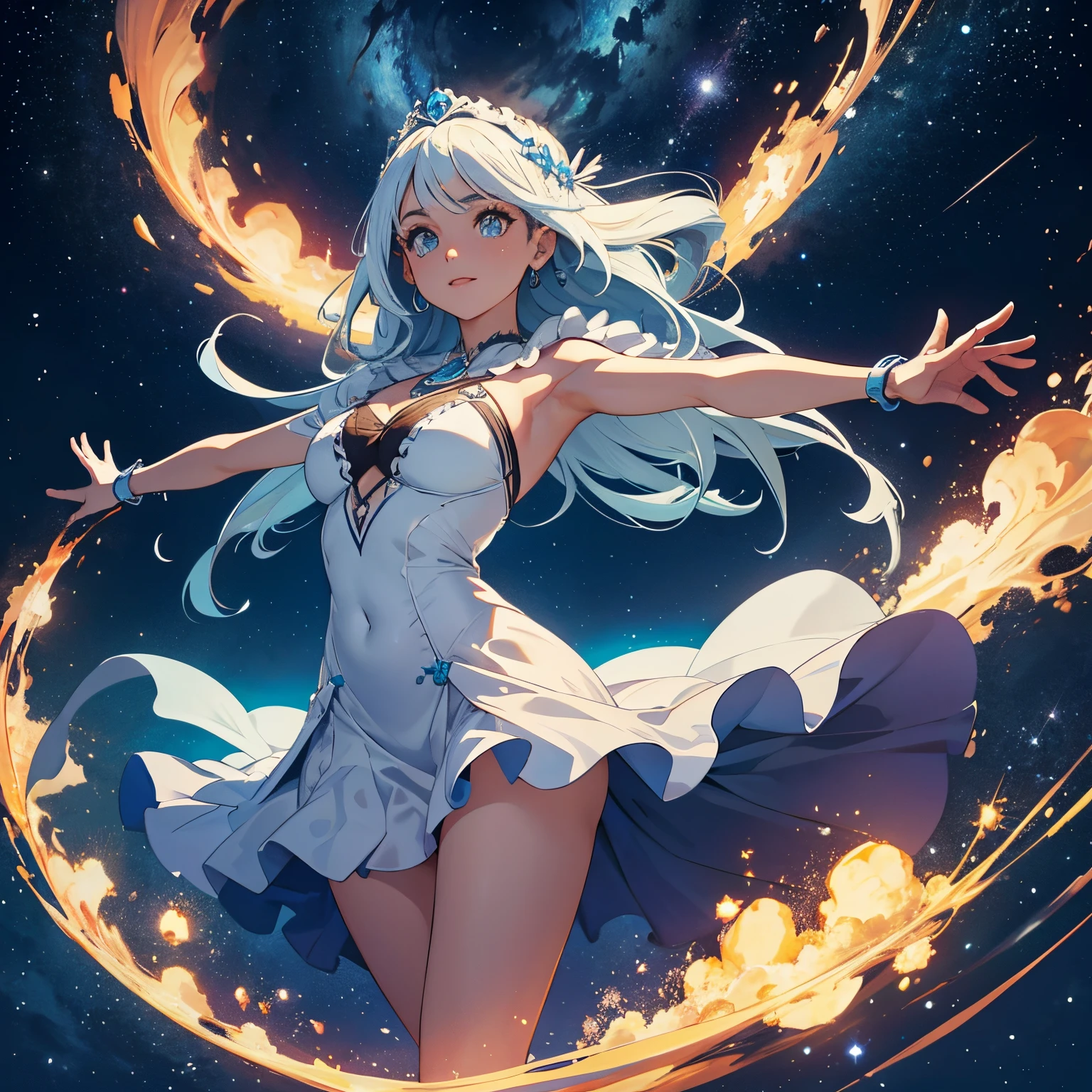 Uma garota, With open arms, pernas juntas, voando, olhando para o viwer, cabelos brancos, olhos azuis brilhantes, night sky