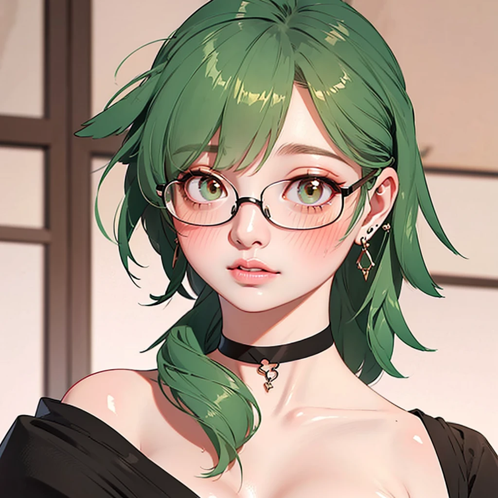 a 16 year old girl, short green hair, wears glasses, shy expression, blushing, pink lips, choker, earrings, falling blouse, close-up, cinematic.