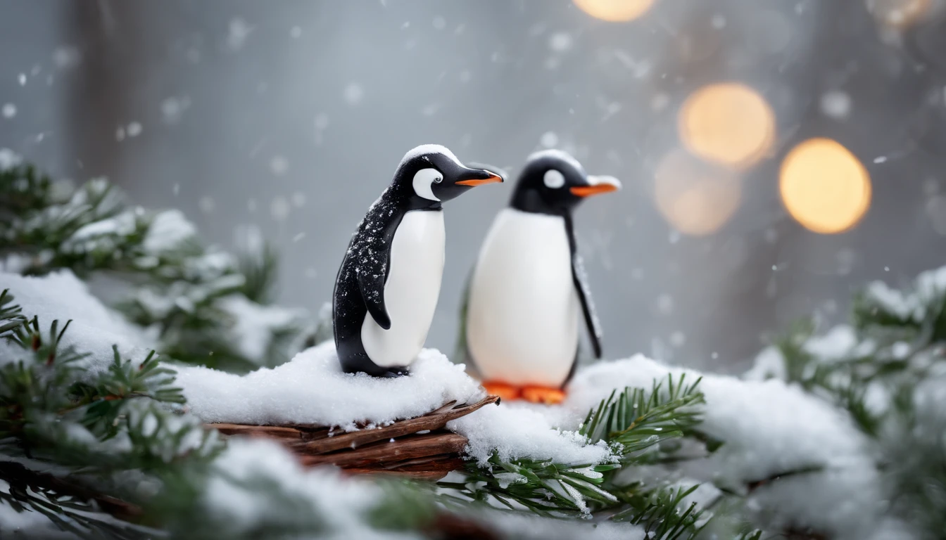 Capture a creative shot of a Christmas penguin figurine nestled among snowy branches, creating a winter wonderland scene