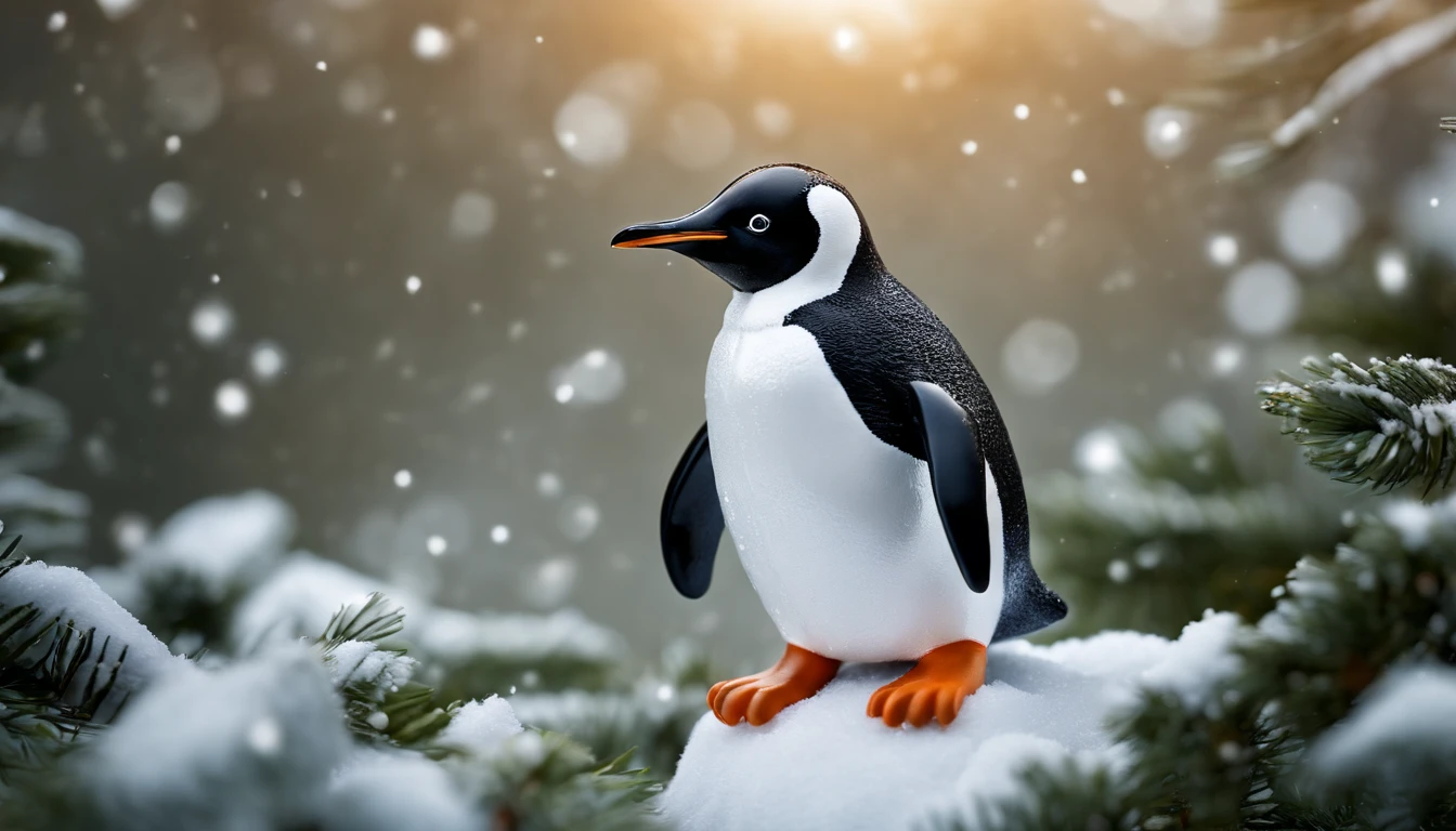 Capture a creative shot of a Christmas penguin figurine nestled among snowy branches, creating a winter wonderland scene