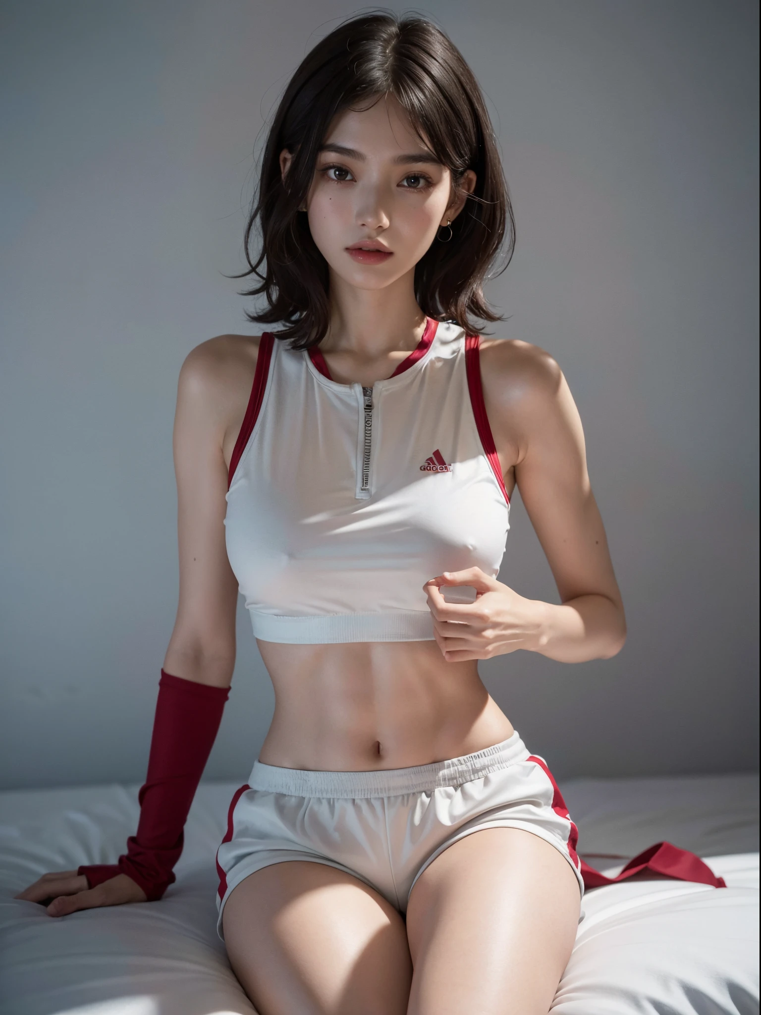 absurdres, RAW photo, extremely delicate and beautiful, masterpiece, Best Quality, ultra high resolution, 16k, hyperrealistic, ultra-detailed, (perfect anatomy), super Detailed skin, perfect figure, Very detailed CG 8k wallpaper, in her 20s, very Slim body, narrow waist, very small head, very small face, delicate facial features, tearful mole, earring, thin legs, (very huge round breasts), ((full body shot)), 3 girls, short hair, (wavy hair), ((track suit)), midriff, (sleeveless), (bare arms), shorts,