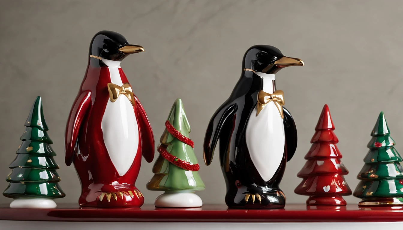 Capture a detail shot of a ceramic Christmas penguin, showcasing its glossy finish and the fine details of its hand-painted features