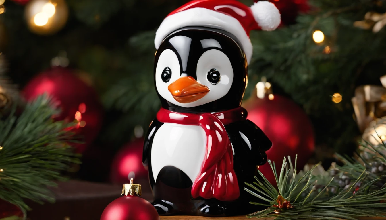 Capture a detail shot of a ceramic Christmas penguin, showcasing its glossy finish and the fine details of its hand-painted features