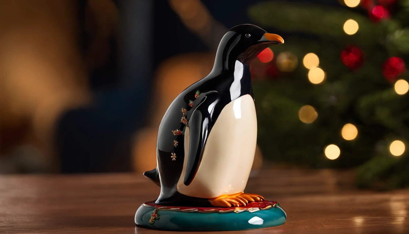 Capture a detail shot of a ceramic Christmas penguin, showcasing its glossy finish and the fine details of its hand-painted features
