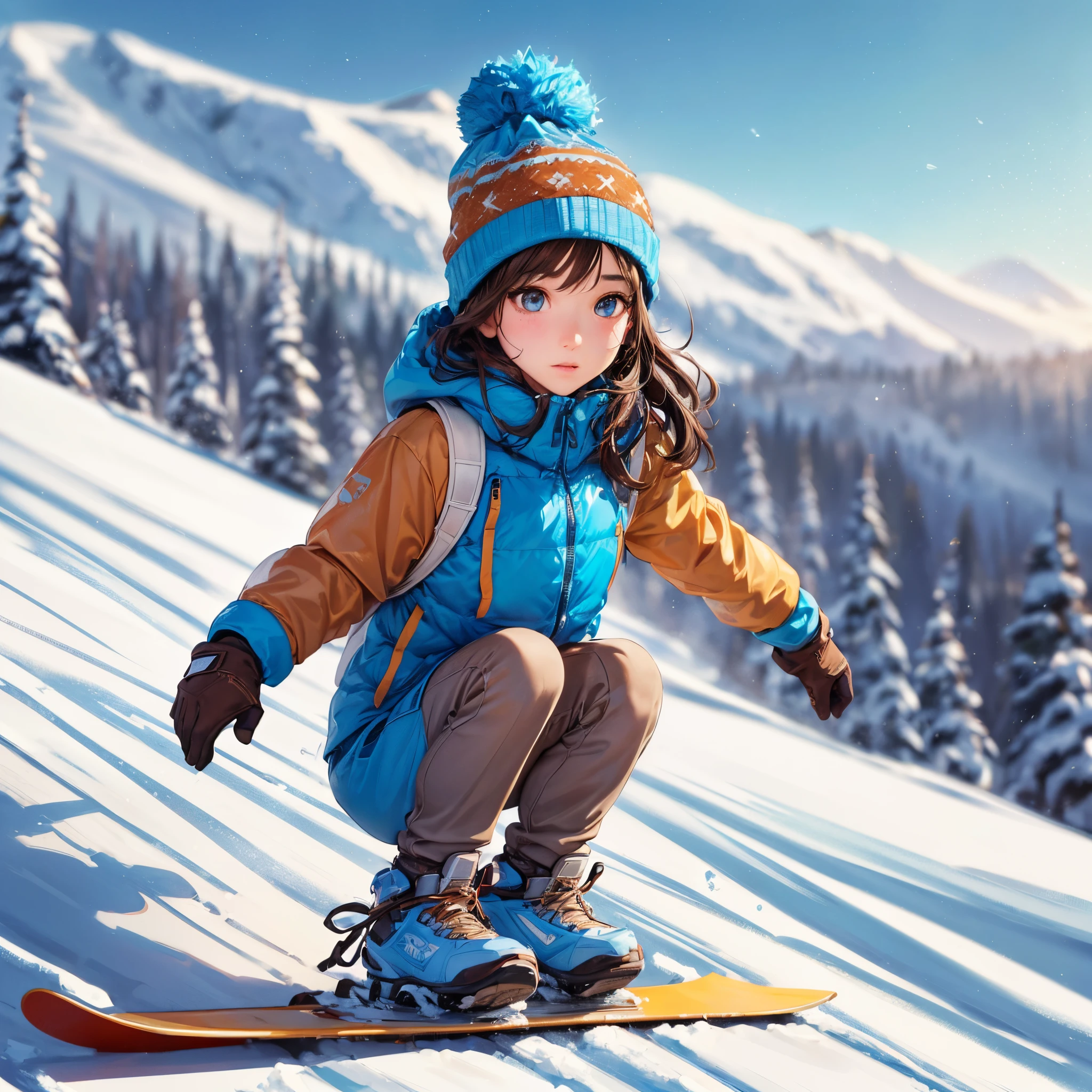 ((32k UHD high detail, 16k RAW cinematic art)) best quality, high quality, highres, detail enhancement,ski slope,beanie, Snowboarding, winter blue sky, snowboarding wear, bouncing hair 1girl, ite girl, whole body, children's body, beautiful shining body, bangs,((darkbrown hair:1.3)), high eyes, (aquamarine eyes), petite, tall eyes, beautiful girl with fine details, Beautiful and delicate eyes, detailed face, Beautiful eyes,natural light,((realism: 1.2 )), dynamic far view shot,cinematic lighting, perfect composition, by sumic.mic, ultra detailed, official art, masterpiece, (best quality:1.3), reflections, extremely detailed cg unity 8k wallpaper, detailed background, masterpiece, best quality , (masterpiece), (best quality:1.4), (ultra highres:1.2), (hyperrealistic:1.4), (photorealistic:1.2),