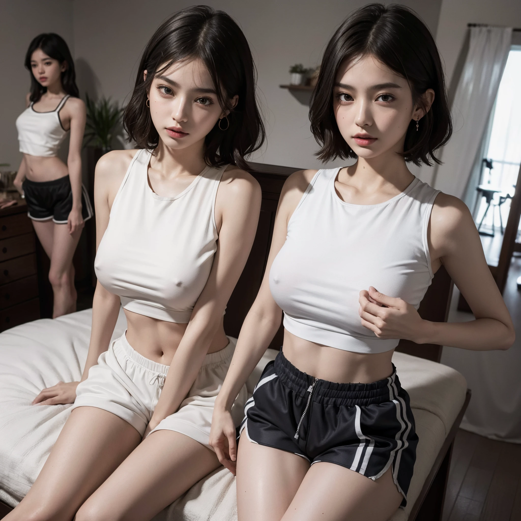 absurdres, RAW photo, extremely delicate and beautiful, masterpiece, Best Quality, ultra high resolution, 16k, hyperrealistic, ultra-detailed, (perfect anatomy), super Detailed skin, perfect figure, Very detailed CG 8k wallpaper, in her 20s, very Slim body, narrow waist, very small head, very small face, delicate facial features, tearful mole, earring, thin legs, (very huge round breasts), ((full body shot)), ((3 girls)), short hair, (wavy hair), ((track suit)), midriff, (sleeveless), (bare arms), shorts,