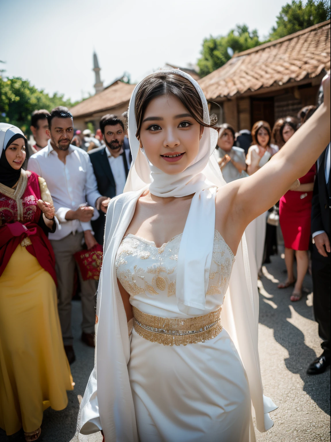 (8k, highest quality, ultra detailed:1.37), (Ecce), 18yo, (a young Turkish woman), celebrates a joyful traditional Turkish wedding, wearing a stunning wedding dress with a hijab. The high-resolution image captures ultra-detailed realism, highlighting Ecce's captivating eyes, long eyelashes, and flawless complexion as she dances and embraces the cultural traditions. The vibrant colors and lively atmosphere of the wedding add to the festive beauty of the scene.