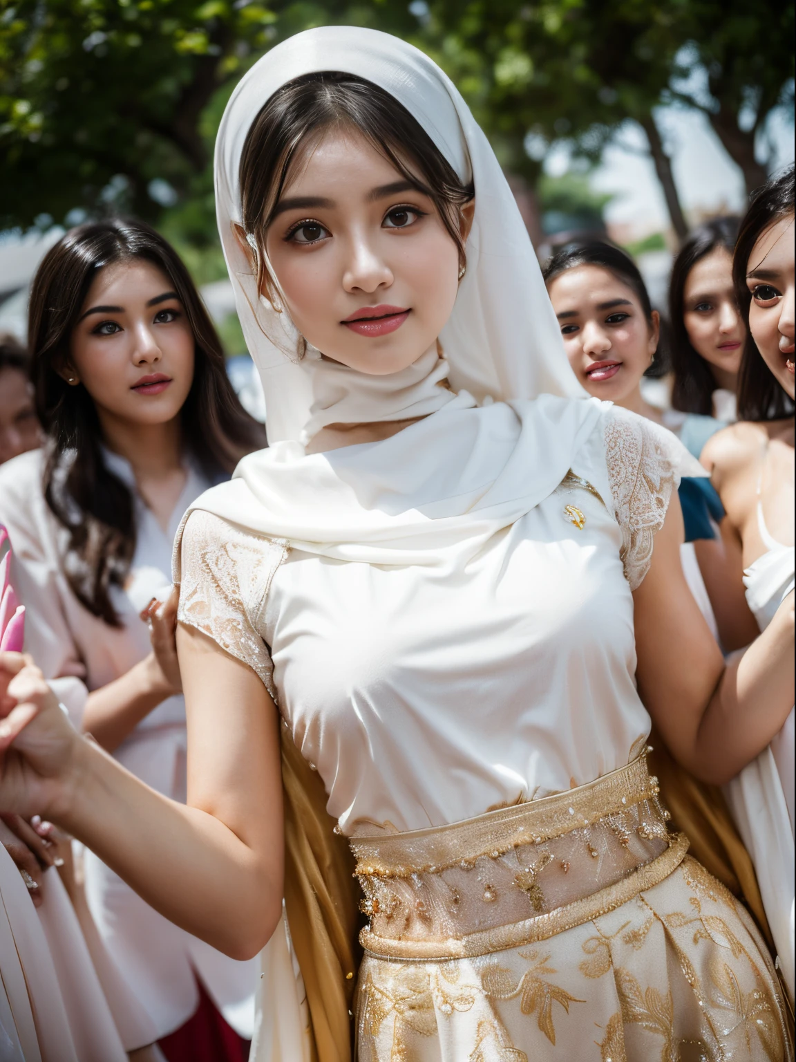 (8k, highest quality, ultra detailed:1.37), (Ecce), 18yo, (a young Turkish woman), celebrates a joyful traditional Turkish wedding, wearing a stunning wedding dress with a hijab. The high-resolution image captures ultra-detailed realism, highlighting Ecce's captivating eyes, long eyelashes, and flawless complexion as she dances and embraces the cultural traditions. The vibrant colors and lively atmosphere of the wedding add to the festive beauty of the scene.