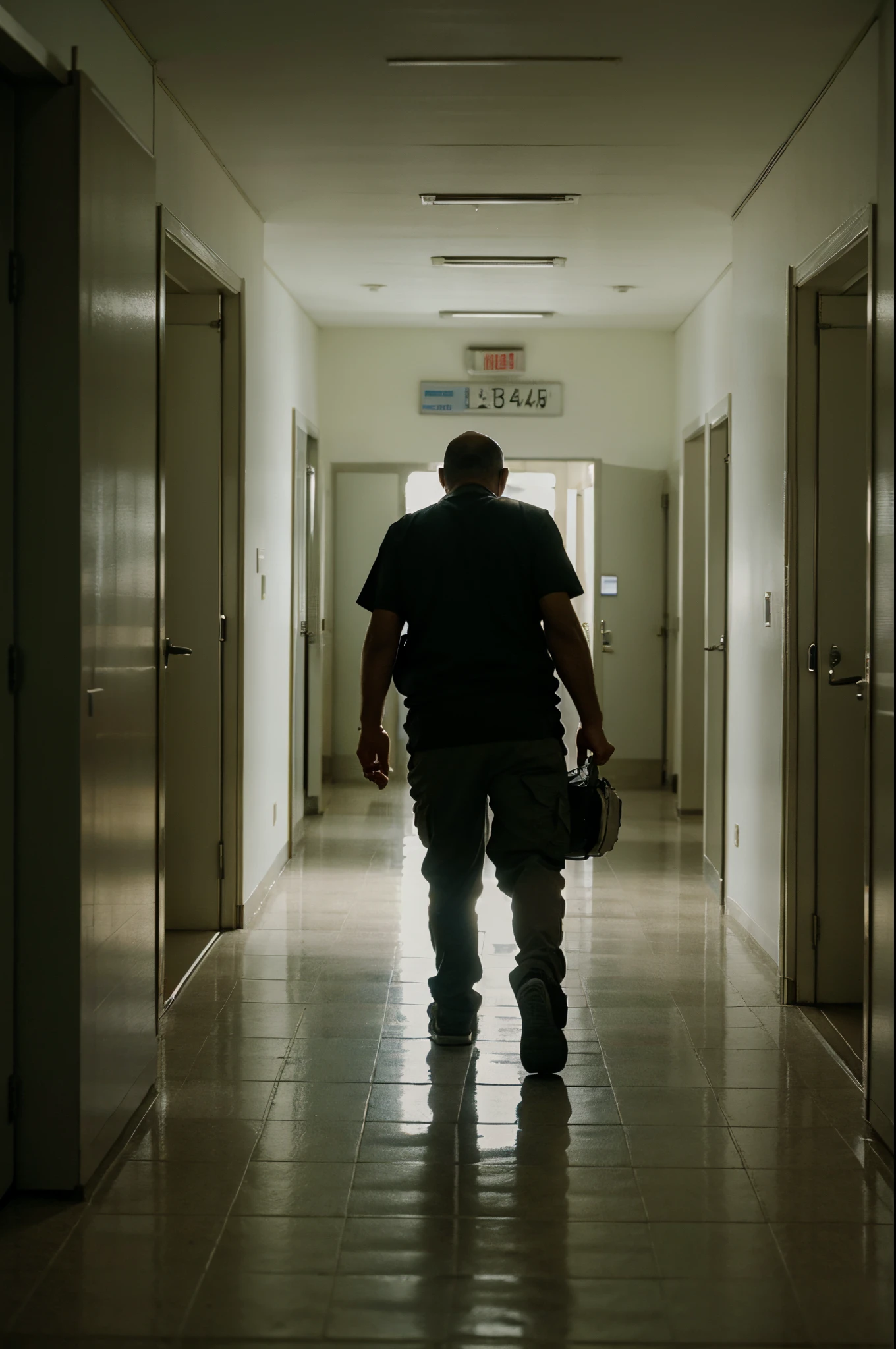 imagem sinistra de um homem andando em um corredor de hospital, fotografia de filme de terror
