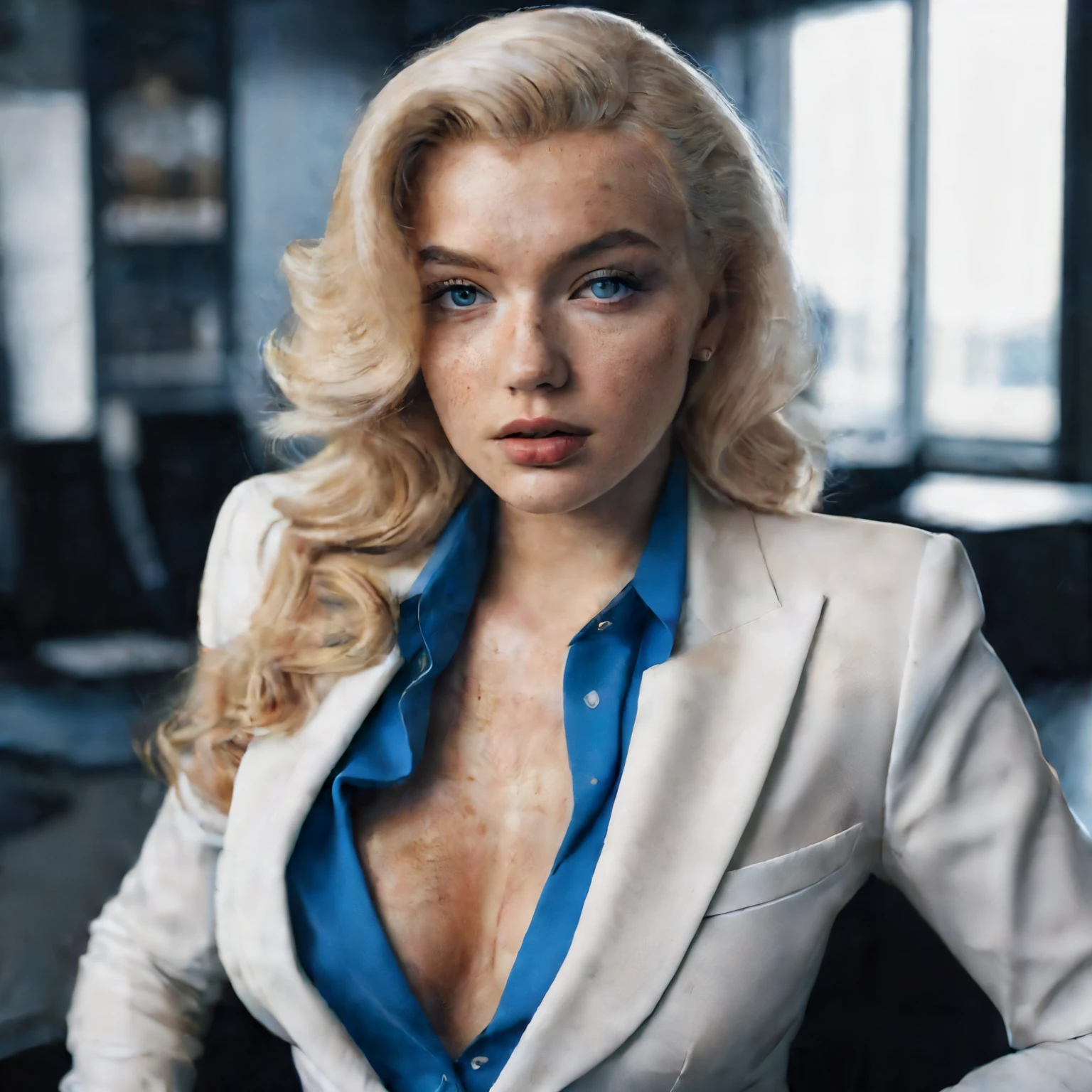 blonde woman in a white suit and blue shirt posing for a picture, girl in suit, yelena belova, girl in a suit, barbara hammer 4 k, anya taylor - joy, anya taylor-joy, anna nikonova aka newmilky, aleksandra waliszewska, anastasia ovchinnikova, wearing a strict business suit, maxim sukharev