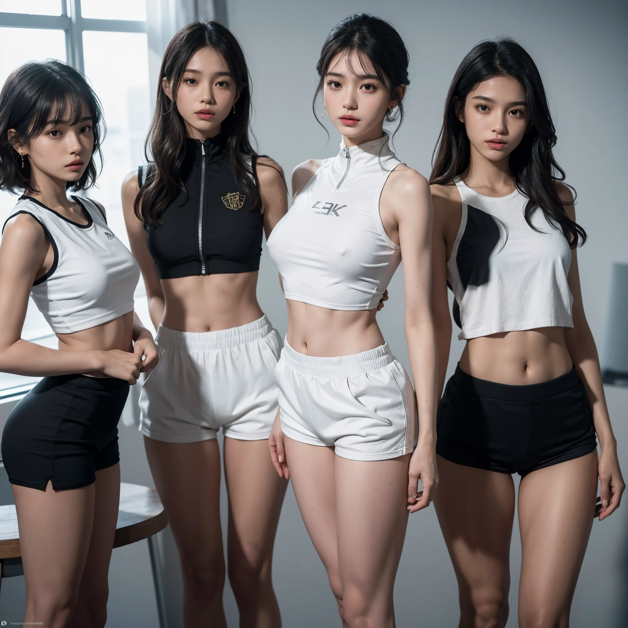 absurdres, RAW photo, extremely delicate and beautiful, masterpiece, Best Quality, ultra high resolution, 16k, hyperrealistic, ultra-detailed, (perfect anatomy), super Detailed skin, perfect figure, Very detailed CG 8k wallpaper, in her 20s, very Slim body, narrow waist, very small head, very small face, delicate facial features, tearful mole, earring, thin legs, (very huge round breasts), full body shot, ((((3 girls)))), short hair, (wavy hair), ((track suit)), midriff, (sleeveless), (bare arms), shorts,