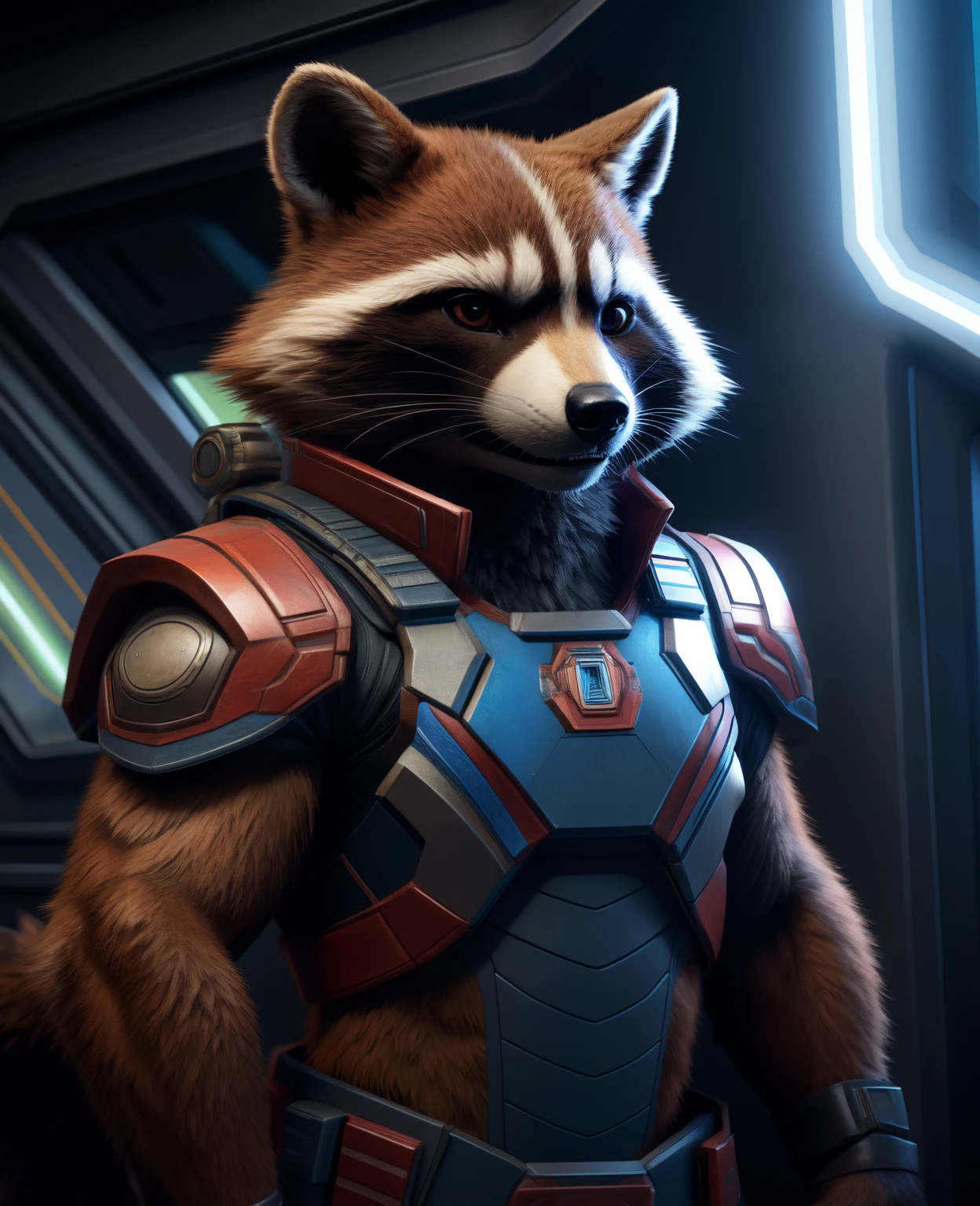 best quality, highly detailed, photo of slim rocket raccoon, guardian of the galaxy uniform, HD photography, realistic detailed fur, movie still, holding an m4 rifle