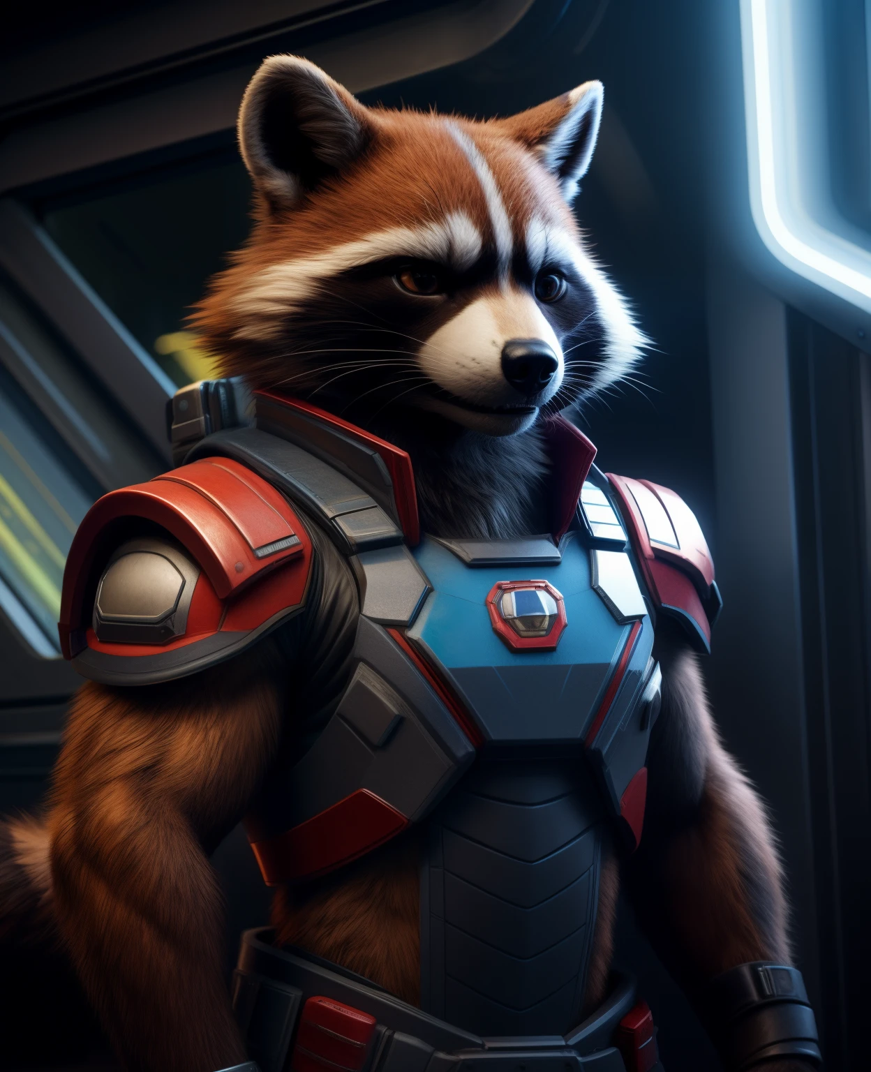 best quality, highly detailed, photo of slim rocket raccoon, guardian of the galaxy uniform, HD photography, realistic detailed fur, movie still, holding an m4 rifle