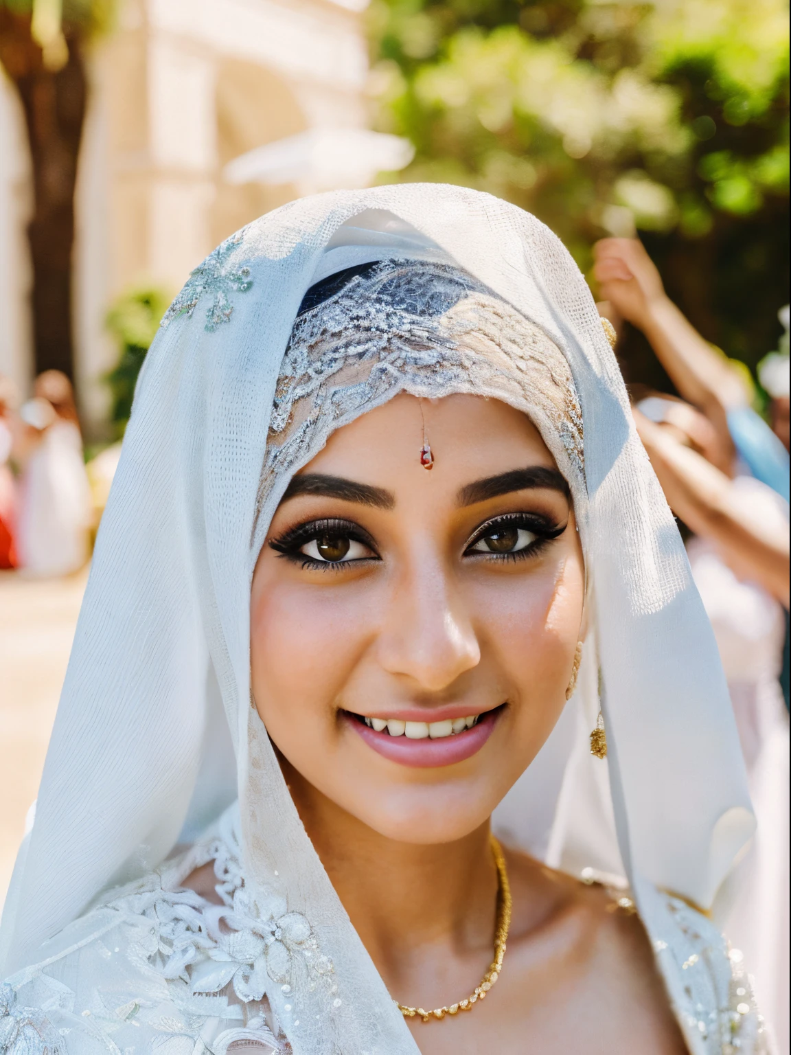 (8k, highest quality, ultra detailed:1.37), (Ecce), 18yo, (a young Turkish woman), celebrates a joyful traditional Turkish wedding, wearing a stunning wedding dress with a hijab. The high-resolution image captures ultra-detailed realism, highlighting Ecce's captivating eyes, long eyelashes, and flawless complexion as she dances and embraces the cultural traditions. The vibrant colors and lively atmosphere of the wedding add to the festive beauty of the scene.