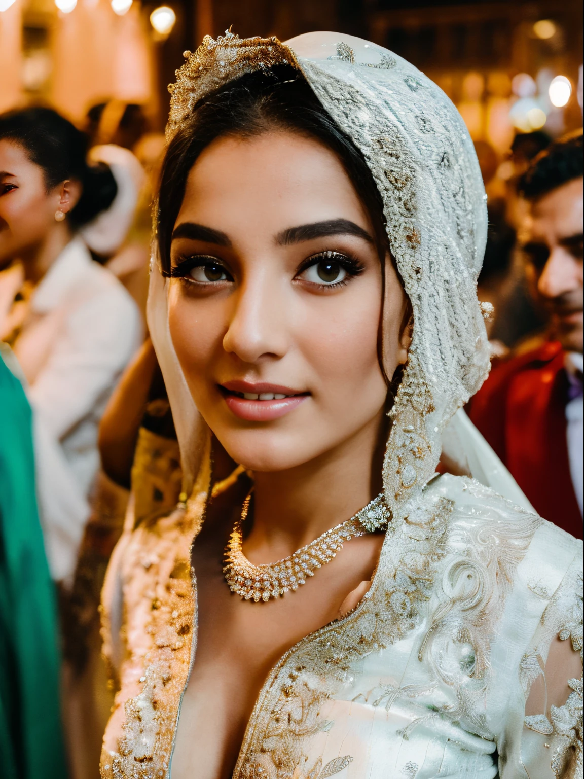 (8k, highest quality, ultra detailed:1.37), (Ecce), 18yo, (a young Turkish woman), celebrates a joyful traditional Turkish wedding, wearing a stunning wedding dress with a hijab. The high-resolution image captures ultra-detailed realism, highlighting Ecce's captivating eyes, long eyelashes, and flawless complexion as she dances and embraces the cultural traditions. The vibrant colors and lively atmosphere of the wedding add to the festive beauty of the scene.