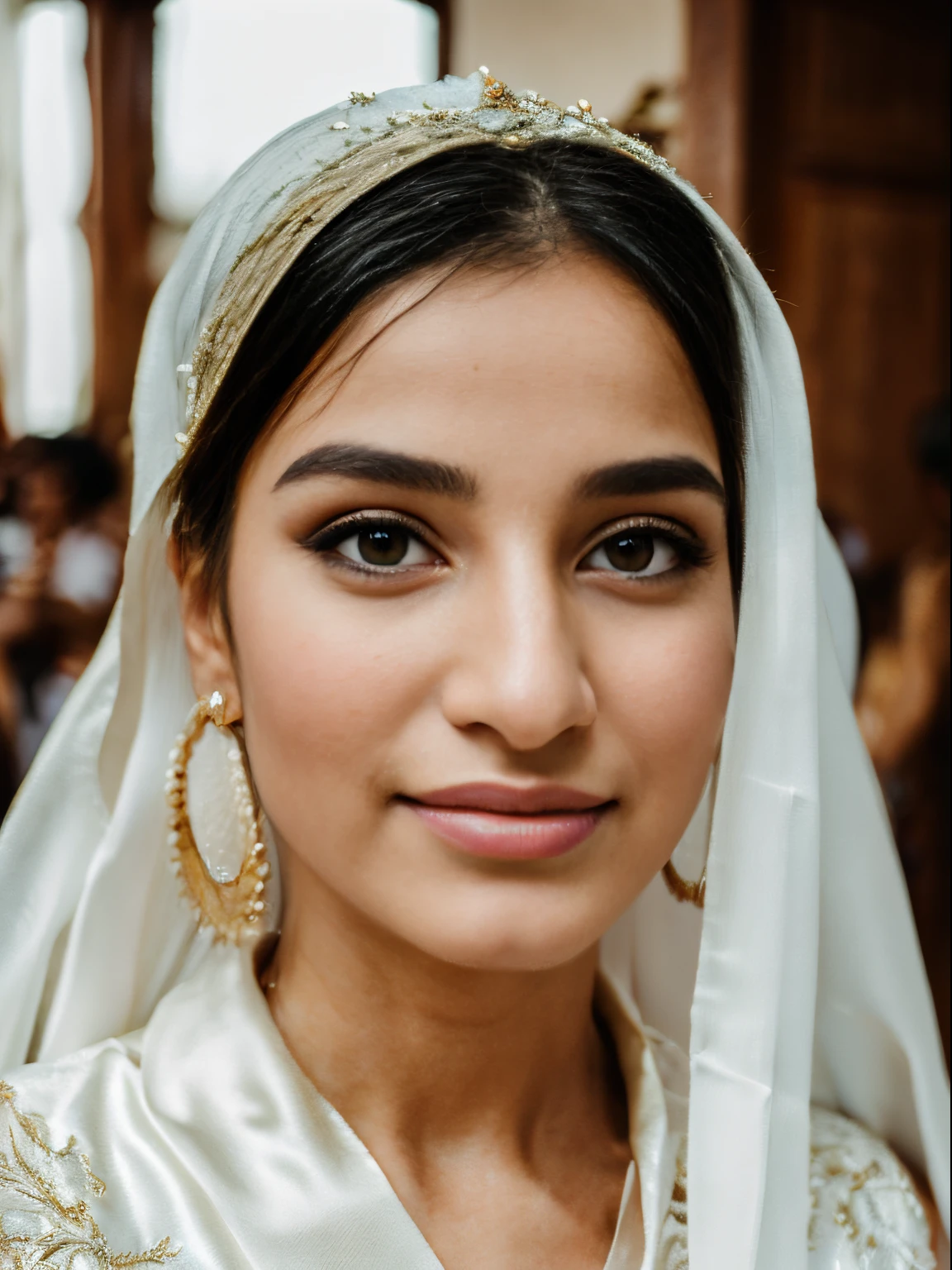 (8k, highest quality, ultra detailed:1.37), (Ecce), 18yo, (a young Turkish woman), celebrates a joyful traditional Turkish wedding, wearing a stunning wedding dress with a hijab. The high-resolution image captures ultra-detailed realism, highlighting Ecce's captivating eyes, long eyelashes, and flawless complexion as she dances and embraces the cultural traditions. The vibrant colors and lively atmosphere of the wedding add to the festive beauty of the scene.