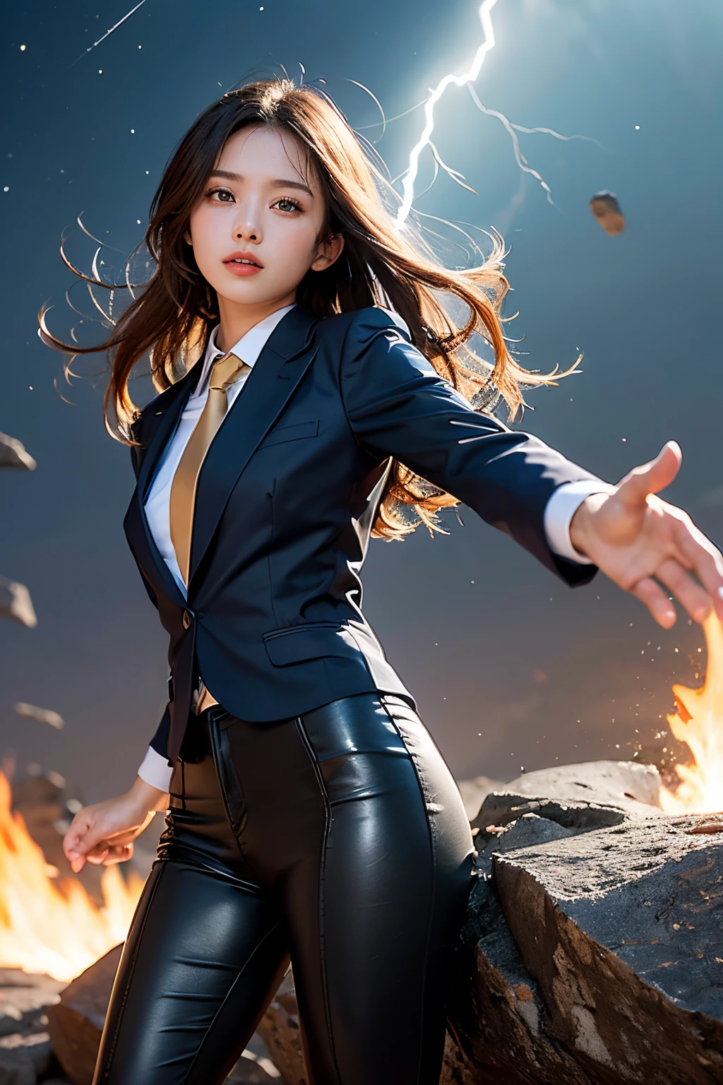 (masutepiece, Best Quality:1.2), 8K, Official art, Wearing a suit、Full body photo, full body Esbian、swim wears、 Beautiful barefoot woman with dark hair floating in the air, hold a flame in your right hand、in his left hand he holds a lightning bolt、23years old、Bright lava light rises above the broken Earth from beneath the asteroid belt(Jagged rock rocks and fragments shot into the air:1.3) (Storm of windy dust debris:1.1) Volume fogmist by trace Z、It can allow bright light from below to pass through、 (masterpiece) (top-quality) (detaileds) (8K) (电影灯光) (foco nítido) (Convoluted)A dark-haired、small tits、A delightful、A smile、unbelievable Ridiculous, (Beautiful girl with upper body, Pretty Face, arching back down, Gold hair ornament on hair、Wearing a cute suit、close up, Wearing a suit, Short sleeve, gardenia, violaceaess, , space system, Looking at Viewer, Film grain, chromatic abberation, Sharp Focus, face lights, Dynamic lighting, Cinematic lighting, Eyes and faces with detailed, Bokeh background, (Tie with Emma written on it、1 copy:1.2)