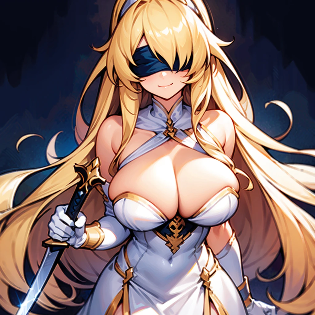 1个Giant Breast Girl, Long blonde hair, Blindfold, Bigchest, White evening dress, ssmile, With a sword, Alone, Best quality at best, tmasterpiece, sportrait, simple backgound, looking at the camera in, From the front, Detailed pubic hair, perfect anatomia, detailed art, k hd, 4K, A high resolution