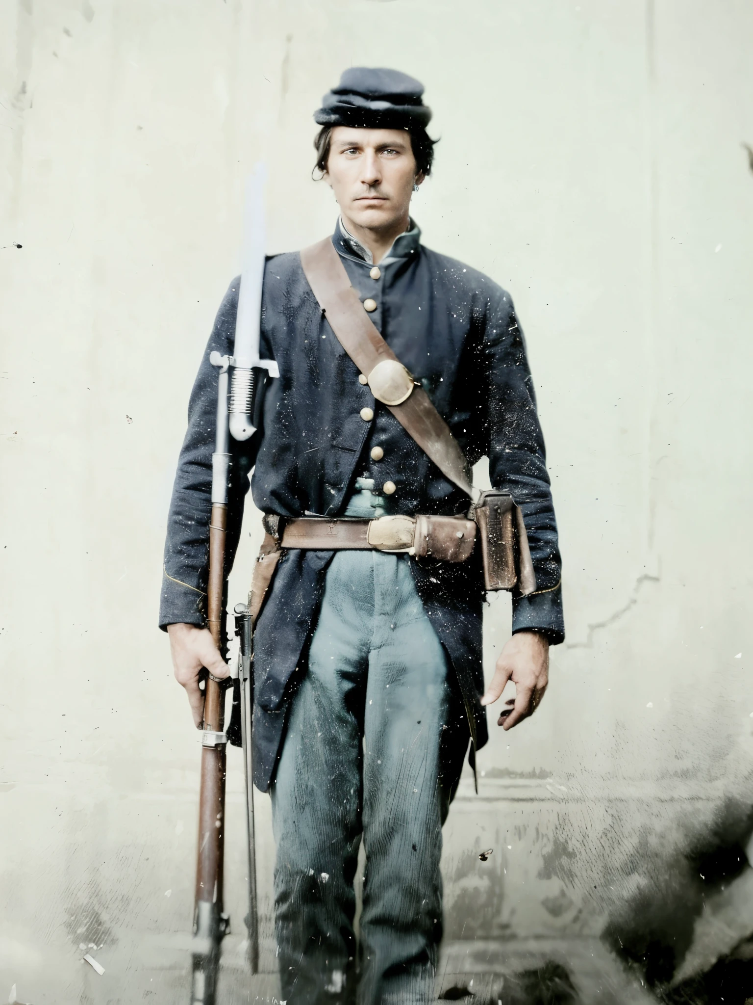 arafed image of a man in a uniform with a gun, 1 8 0 0 s soldier, colorized, colorized photograph, colorized photo, award winning colorized photo, decorated civil war veteran, a colorized photo, color image, full - body portrait of a ranger, photo in color, saturated colorized, restored color, old color photograph, hand - tinted