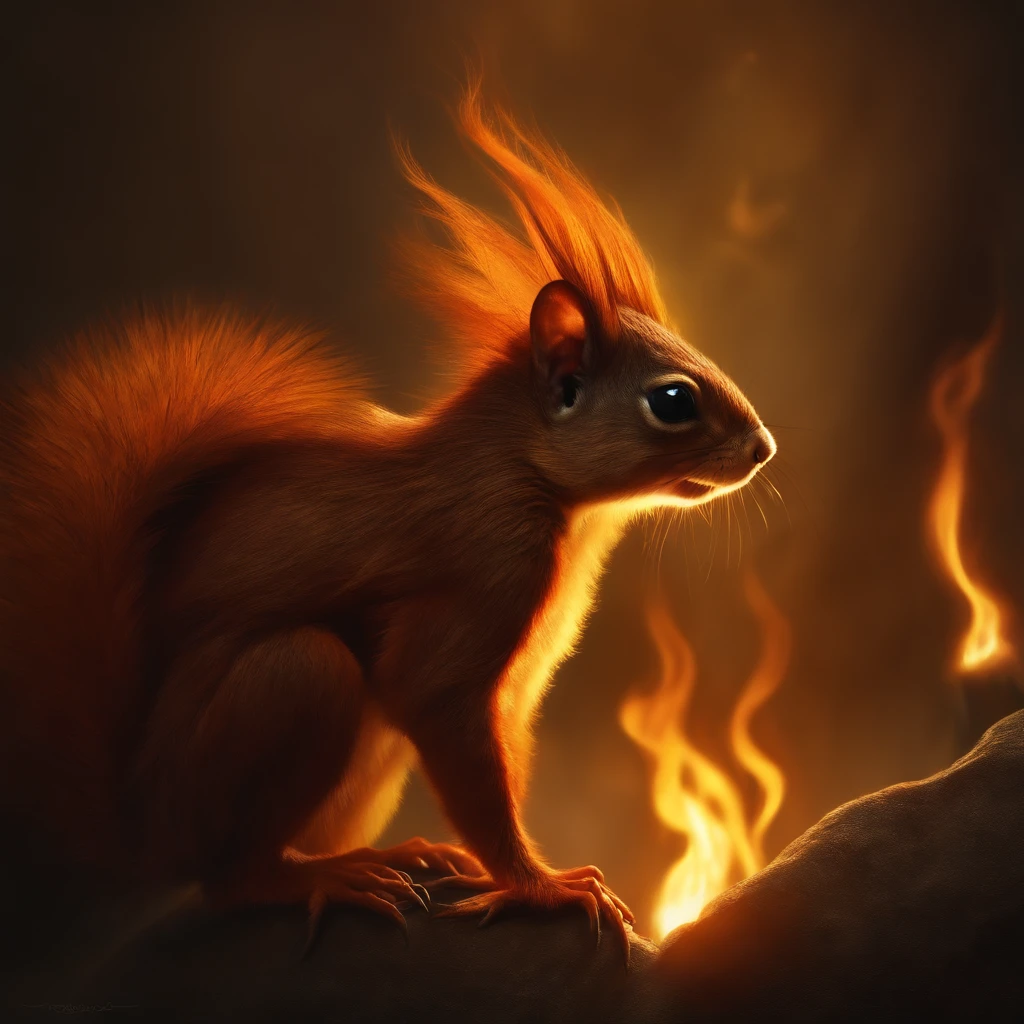 gremlin, squirrel-like, bright orange and brown, long tail covered in yellow flames, snook, flame clothes, Best Quality, Masterpiece, in style of dark fantasy art