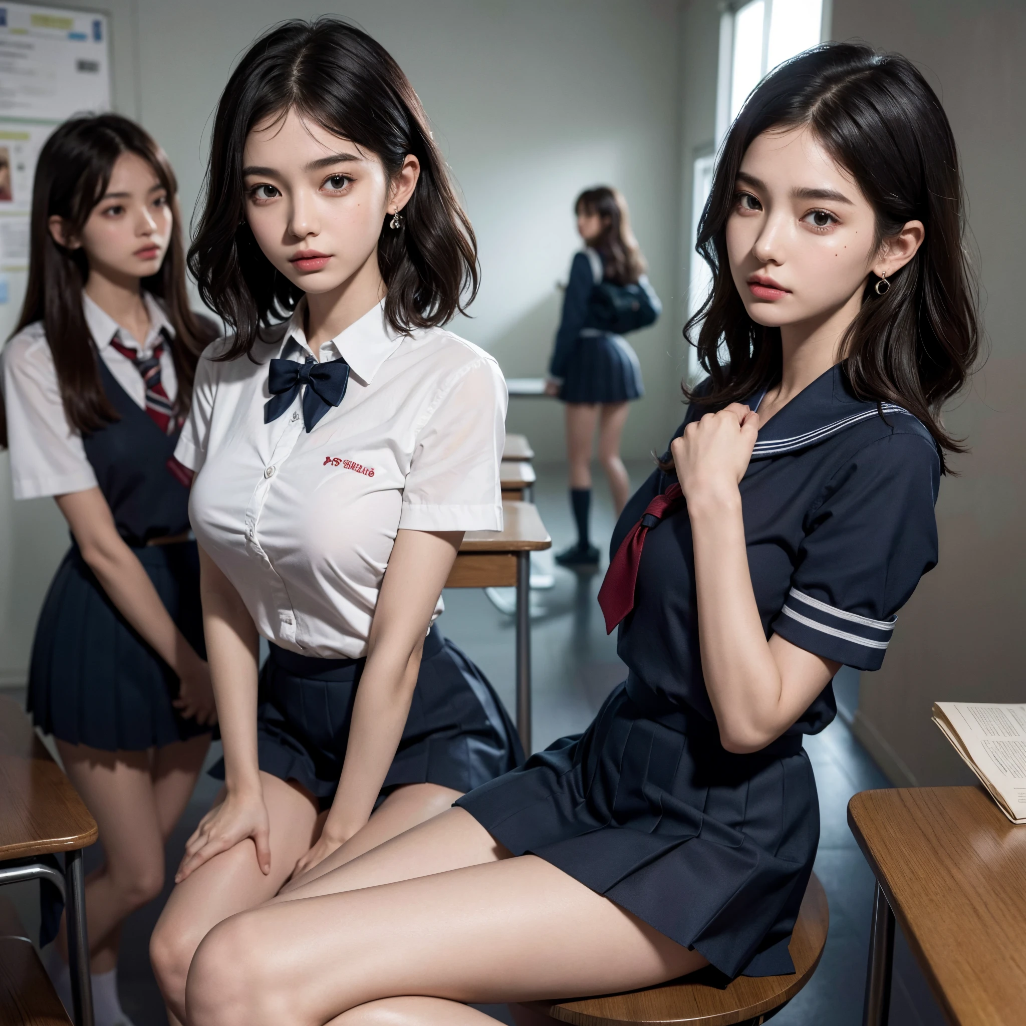 absurdres, RAW photo, extremely delicate and beautiful, masterpiece, Best Quality, ultra high resolution, 16k, hyperrealistic, ultra-detailed, (perfect anatomy), super Detailed skin, perfect figure, Very detailed CG 8k wallpaper, in her 20s, very Slim body, narrow waist, very small head, very small face, delicate facial features, tearful mole, earring, thin legs, (very huge round breasts), full body shot, (((3 girls))), short hair, (wavy hair), ((school uniform)), short skirt,