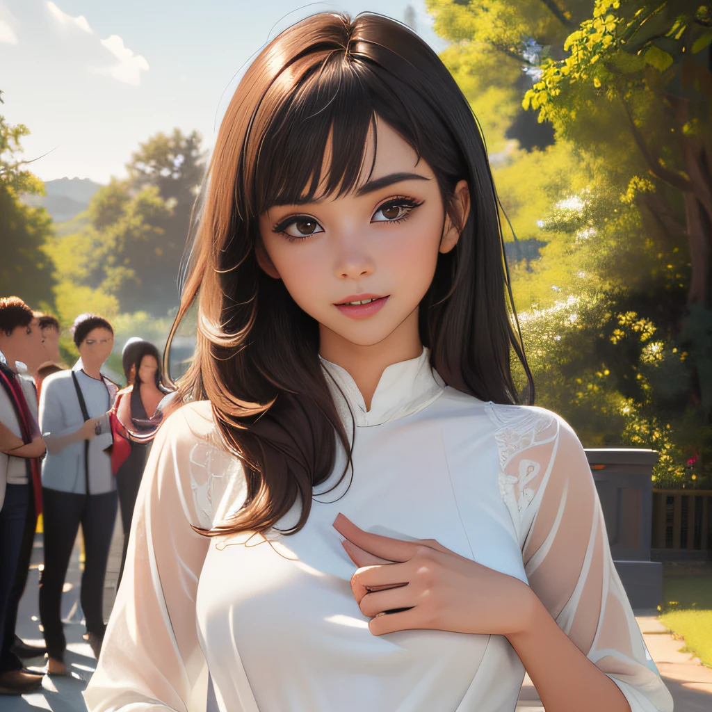 (extremely detailed 8K wallpaper:2), (photo:2), (22 years old Xuan Beautiful girl:2), (gives a lecture to friends:2), Detailed (Face & Eyes), (hyper realistic:1), (Highly detailed:1), (Epic Realistic:1), rim light, (Maximum details:1), Cosy, (body complet:1.3), (looking a viewer:2), (Attractive qualities of a woman:2), (attractive female:2), (Attractive:2), Smile, intelligence, sympathy, Grace, A sense of style, Fitness, Care, optimism, (sensitivity:2), frankness, Romantic gestures, playfulness, Fashion Sense, (sensuality:2), charm, modesty, Thoughtfulness, (femininity:1), flirtatiousness, warmth, (Physical Attractiveness:2), beautiful smile, Love of Life, Strength and power, Vulnerability, curiosity, wonder, Love, (Nature's prehistory:2), Kawaii, waifu, beautiful breasts, (attractive body:2), (handsome body:2), BEAUTIFUL POSE, attractive pose, (nice feet:1.0), (beautiful clothing:1), (Classic clothes:2), (elegant clothing:2), (European Clothing:2), detailed clothes, (upskirt:1), (blouse:1), (provocative pose)